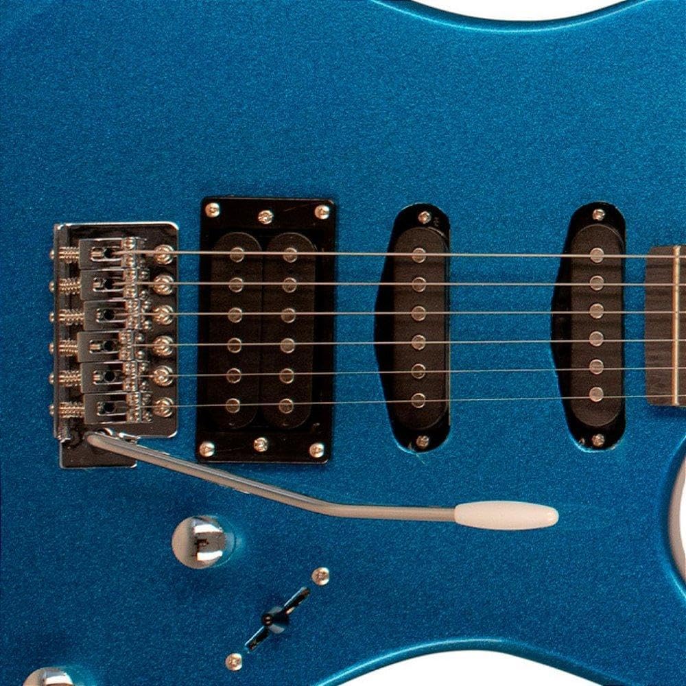 Close no corpo da guitarra Tagima TW Series TG-510 azul metálico destacando captadores e ponte tremolo
