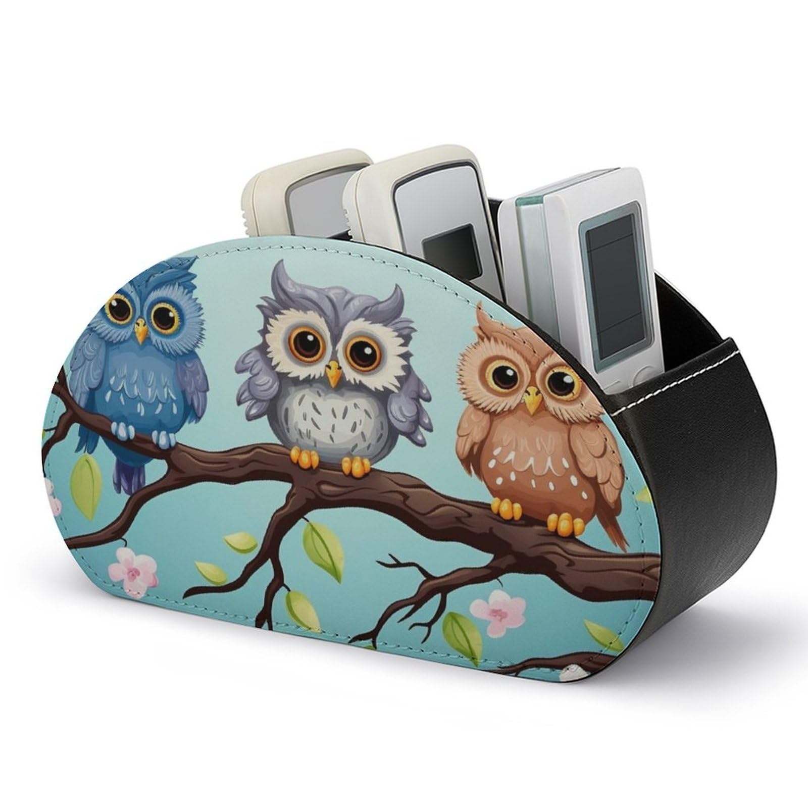 VstaDank Owls on A Branch Remote Control Holder with 5 Compartments PU Leather Remote Caddy Desktop Organizer Store TV Remote Control Storage Box for Home Office Desk Nightstand