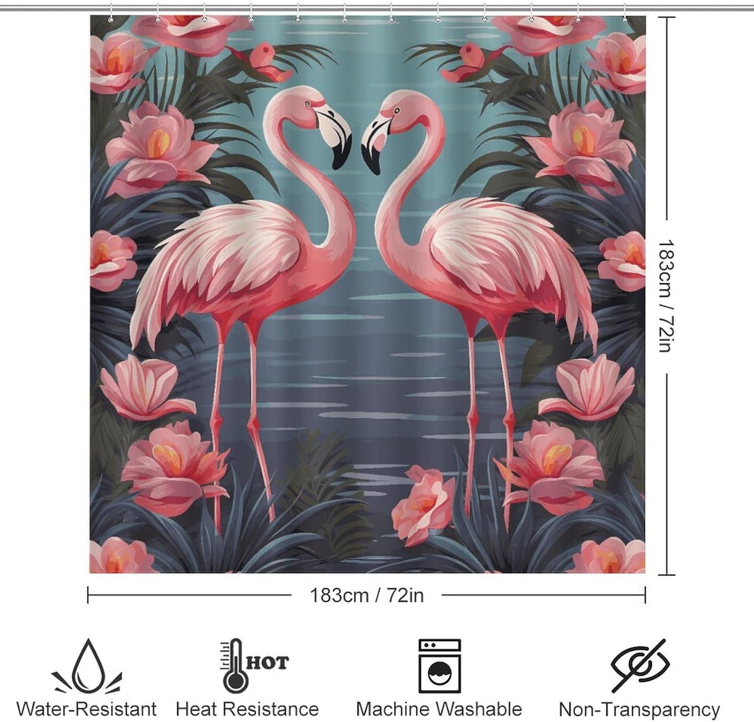 Flock of Tropical Flamingos 4Pcs Shower Curtain Set with Non-Slip Rugs, Toilet Lid Cover and Bath Mat,Bathroom Set Decor Accessories,Curtain Set with 12 Hooks, 72 X 72 Inch