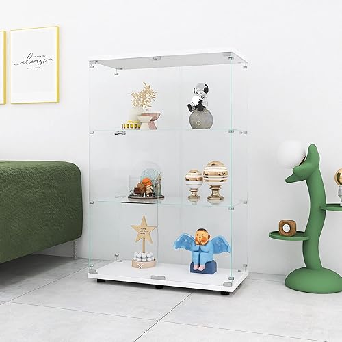 CISURCPI 3-Shelf Glass Display Cabinet with Double Door, Fast Installation in 30 Mins, Curio Cabinets 5mm Tempered Glass Floor Standing Bookshelf