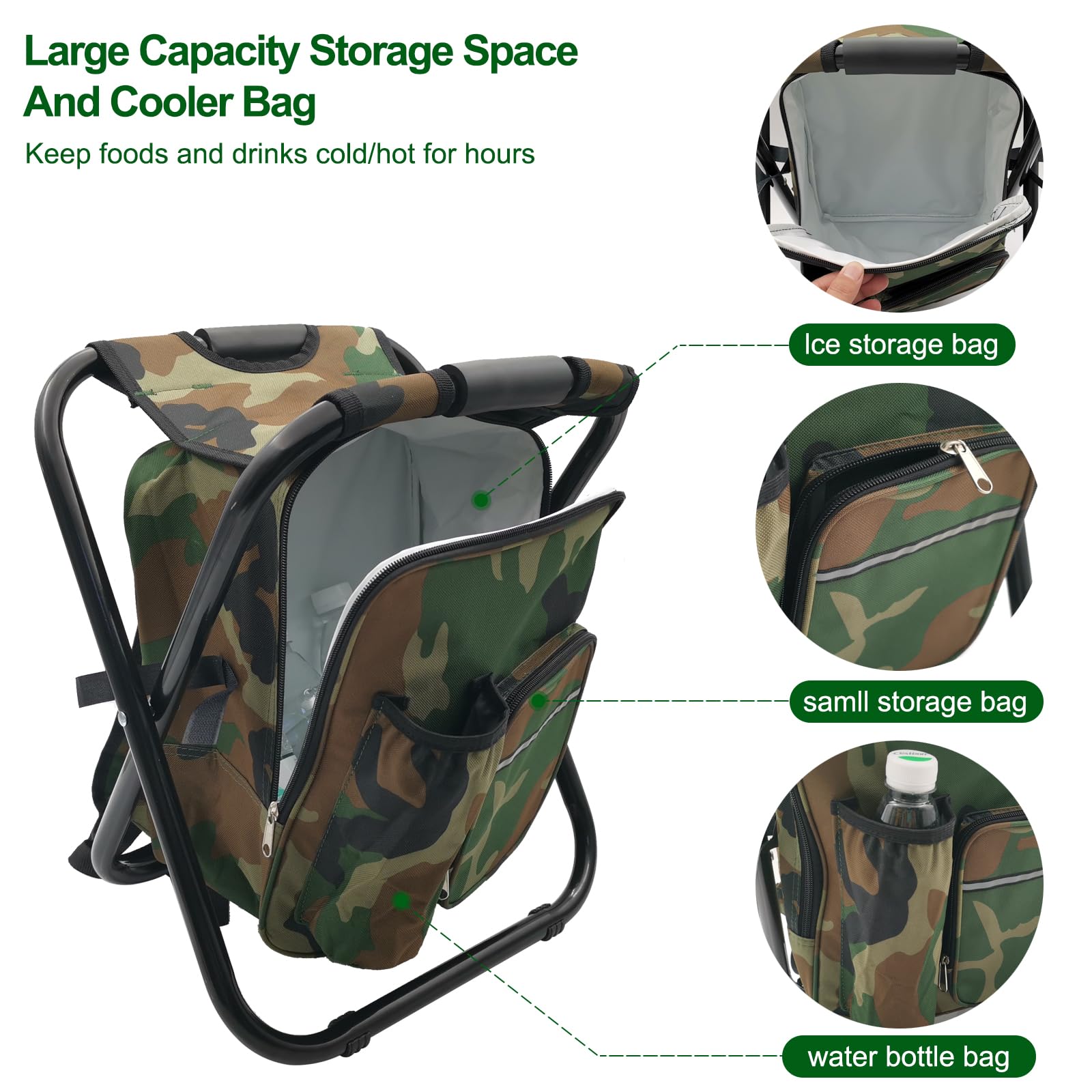 Sgabello da campeggio, sedia refrigerante, portatile, per escursionismo, caccia, leggero, pieghevole, con borsa termica, per campeggio, pesca, caccia, escursionismo, schizzi all'aperto,