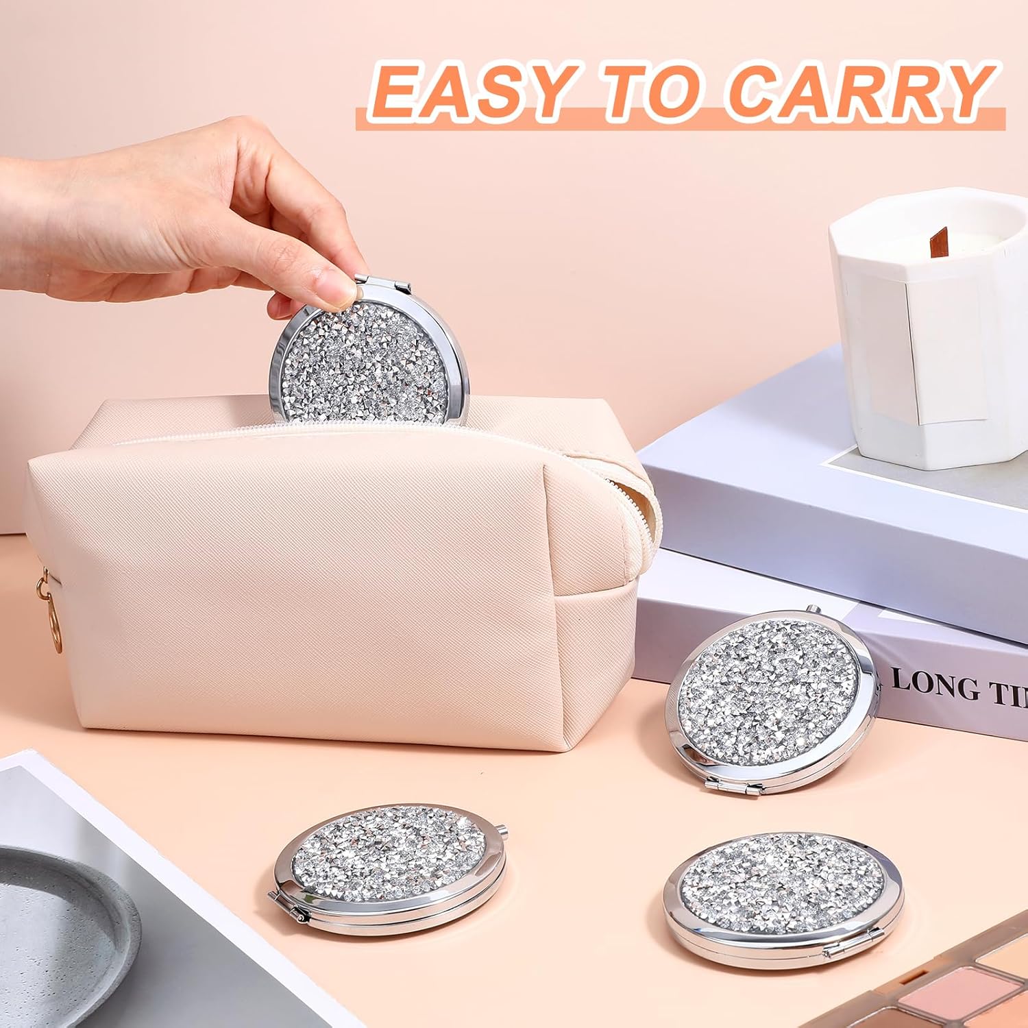 10Pcs Small Rhinestone Compact Mirror, 1x/2x Magnifying Double Sided Pocket Mirror 2.75 Inch Metal Rhinestone Compact Mirrors Bulk, Inspirational Appreciation Gifts for Women Girls Silver