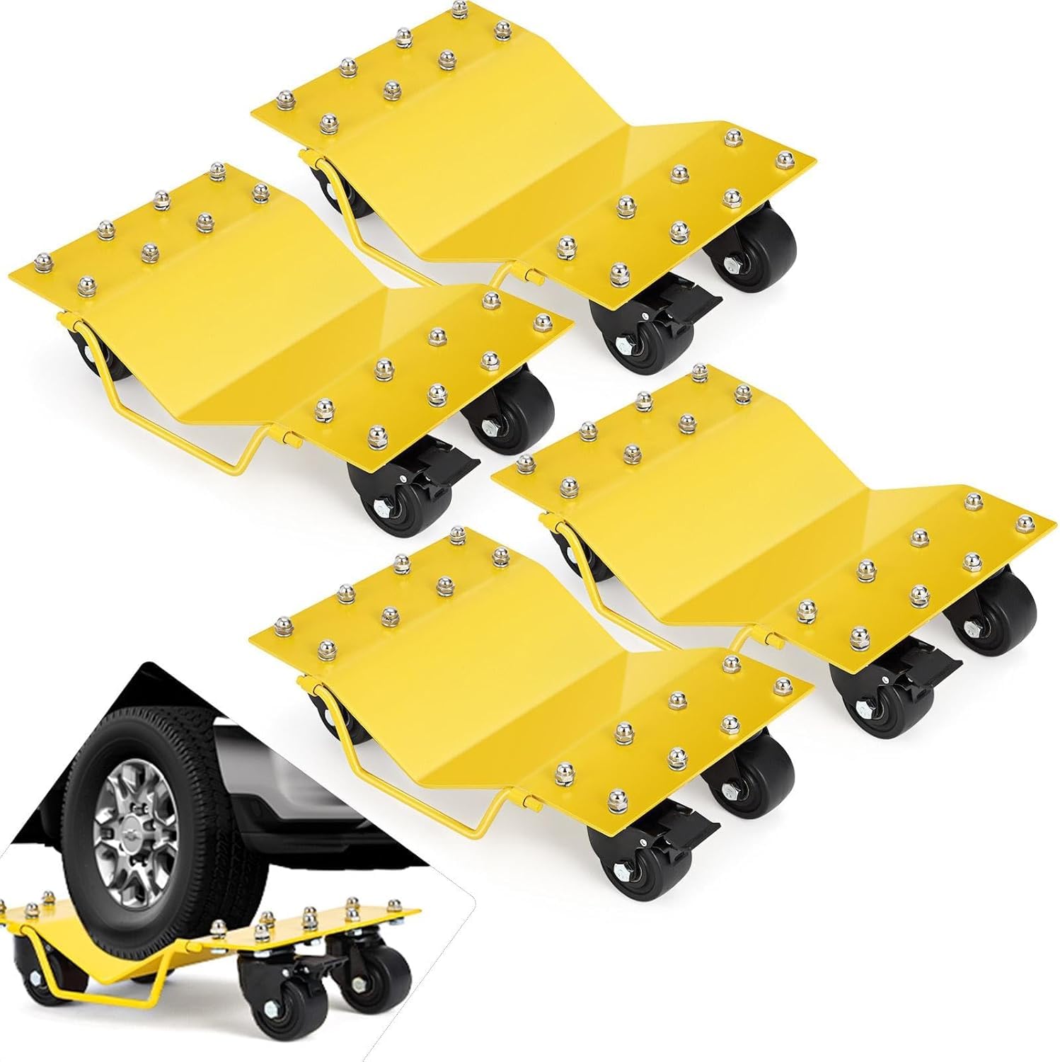 Set di carrelli per ruote per auto per carichi pesanti, capacità 8000 libbre, set di 4 carrelli per ruote, carrello con supporto per pneumatici per spostare auto, camion, motociclette, barche, giall