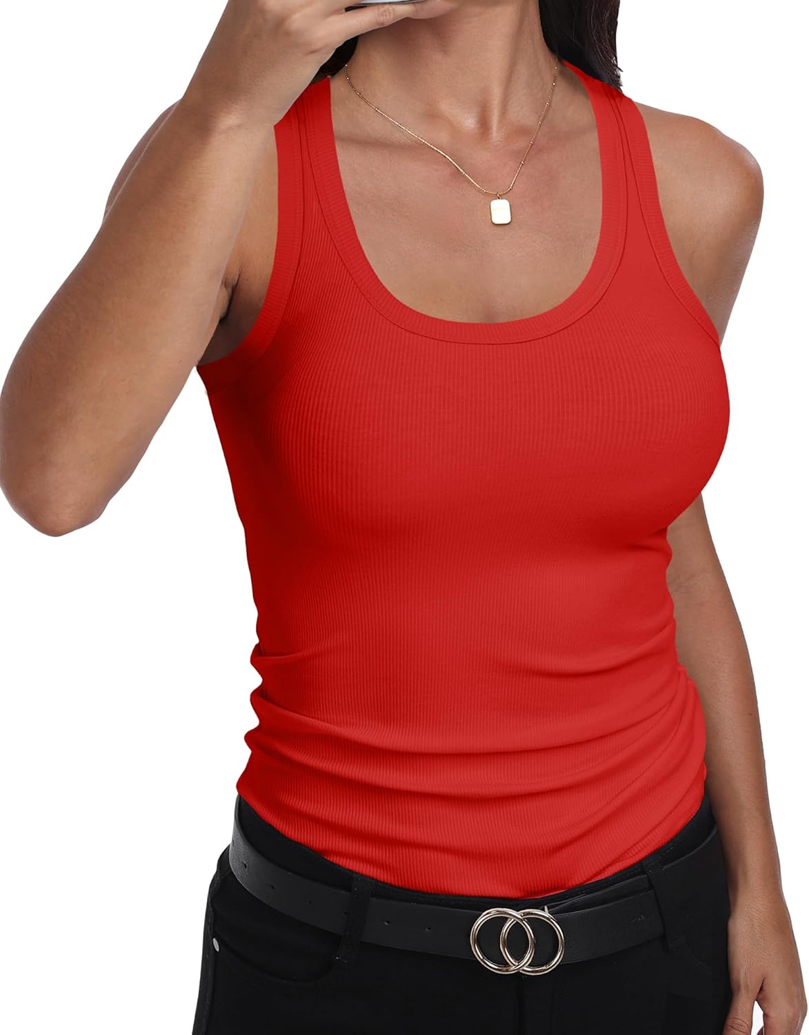 GEMBERA Womens Scoop Neck Sleeveless Racerback Ribbed Knit Slim Fitted Basic Tank Top Shirt