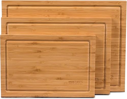Chef's Vision Juego de tablas de cortar de bambú, tablas de cortar de madera orgánica de 3 piezas para cocina, tabla de cortar de bambú duradera, no
