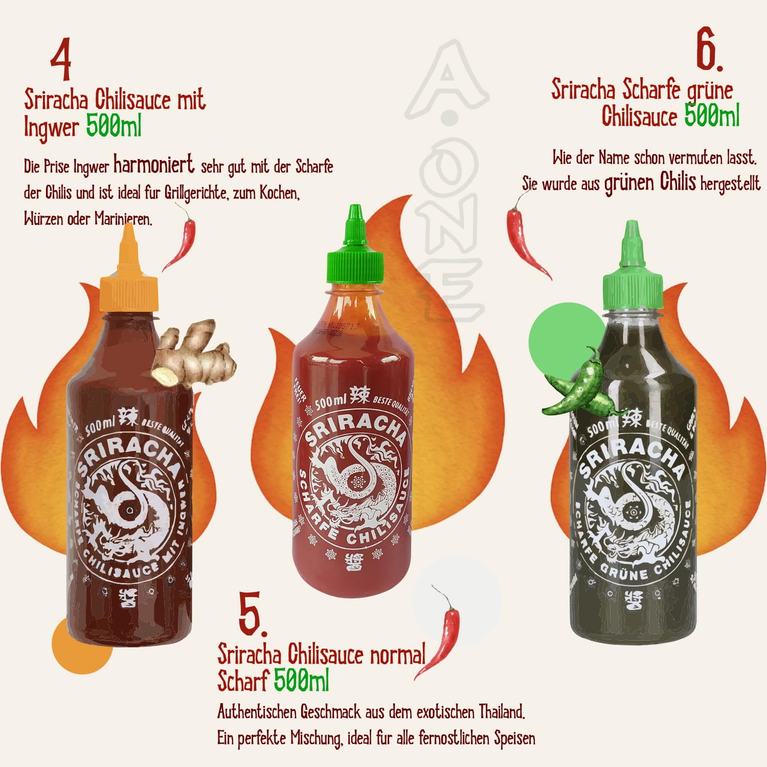 A-ONE Sriracha sos 12 sztuk x 500 ml – sos chili o 6 smakach po 2 butelki – klasyczny, super hot, czosnek, trawa cytrynowa, imbir, zielony – opakowanie ekonomiczne – wegetariański