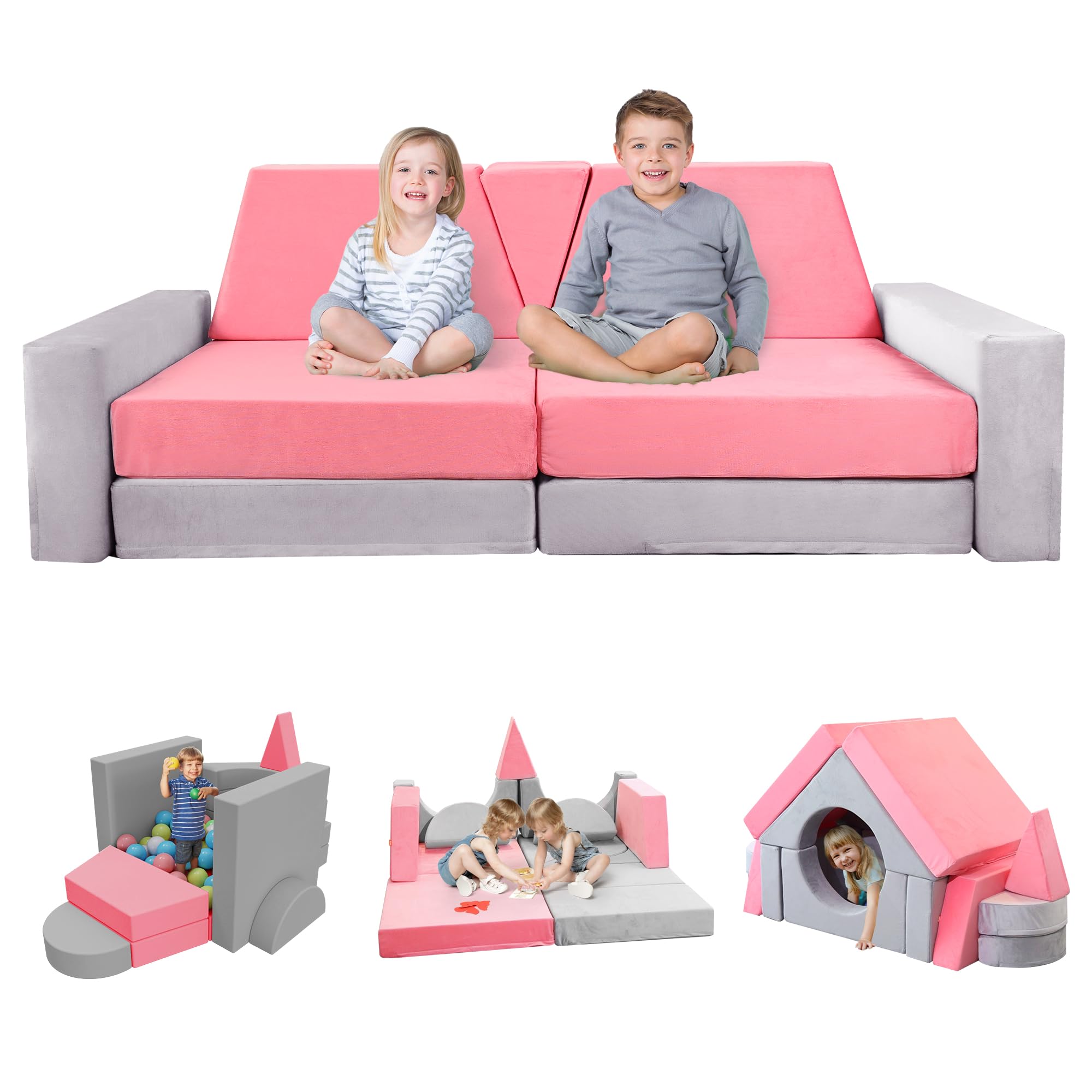 YEFU 15pcs Modular Kids Play Couch, Kids Couch for Toddler & Children, Toddler Couch, Kids Couch Fort Building kit for Playroom Furniture, Kids Play Couch, Convertible Sofa for Boys & Girls, Grey
