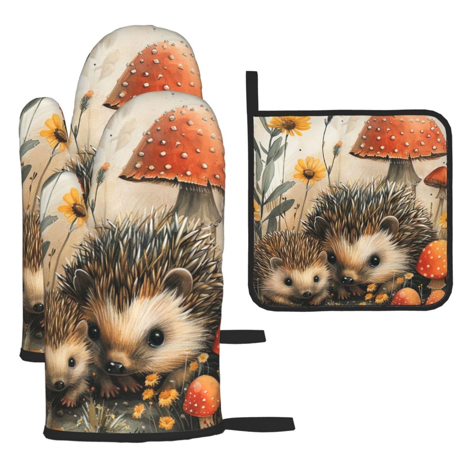 Oven Mitts and Pot Holders Set of 3 Heat Resistant Non-Slip Kitchen Gloves Hot Pads Nature Lovely Hedgehog Lovers Mittens Gloves Non-Slip Potholders for Cooking Baking Grilling BBQ