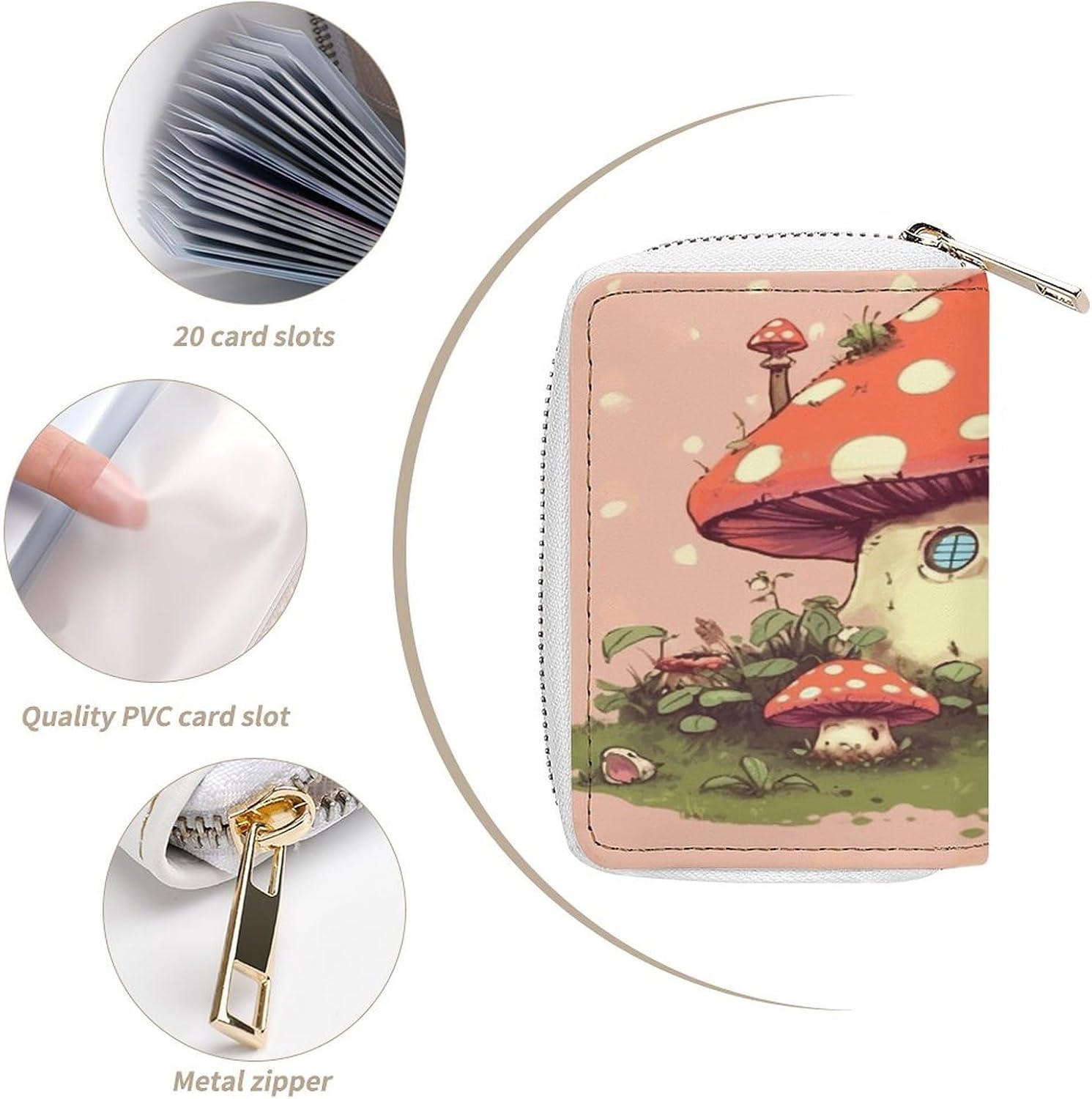 Cute Mushroom House Card Holder RFID Blocking,Credit Card Wallet for Women And Men,Card Case Organizer Bag with Zipper