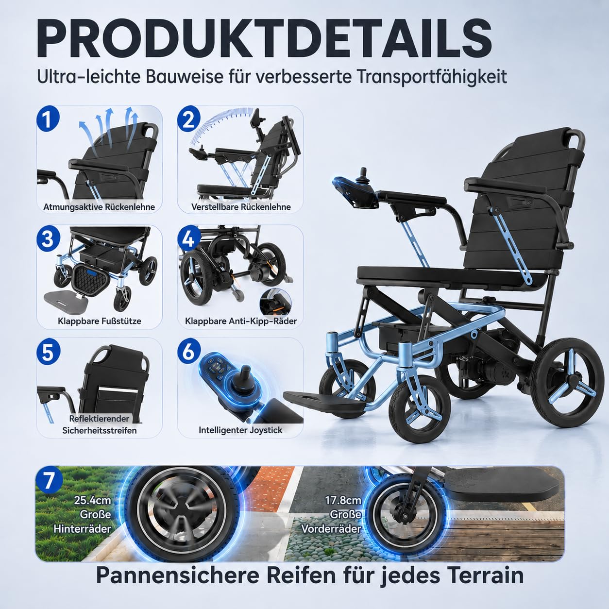 Fauteuil roulant électrique pliable de 13 kg, avec éclairage LED, portée de 48 km + avec 2 piles au lithium, fauteuil roulant électrique tout-terrain, fauteuil roulant motorisé portable