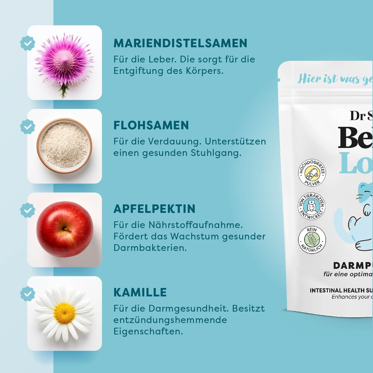 Dr. SAM Premium Darmpulver für Katzen - BellyLove Cat als pflanzliches Darm- und Magenpulver für Balance im Darm - unterstützend bei Magen-Darm-Erkrankung - hochdosiertes Probiotikum 45g