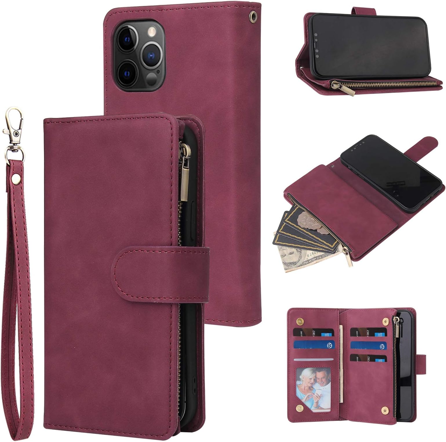 RANYOK Wallet Case Compatible with iPhone 12/12 Pro (6.1 inch), Premium PU Leather Zipper Flip Folio Wallet with Wrist Strap Magnetic Closure Built-in Kickstand Protective Case - Wine Red