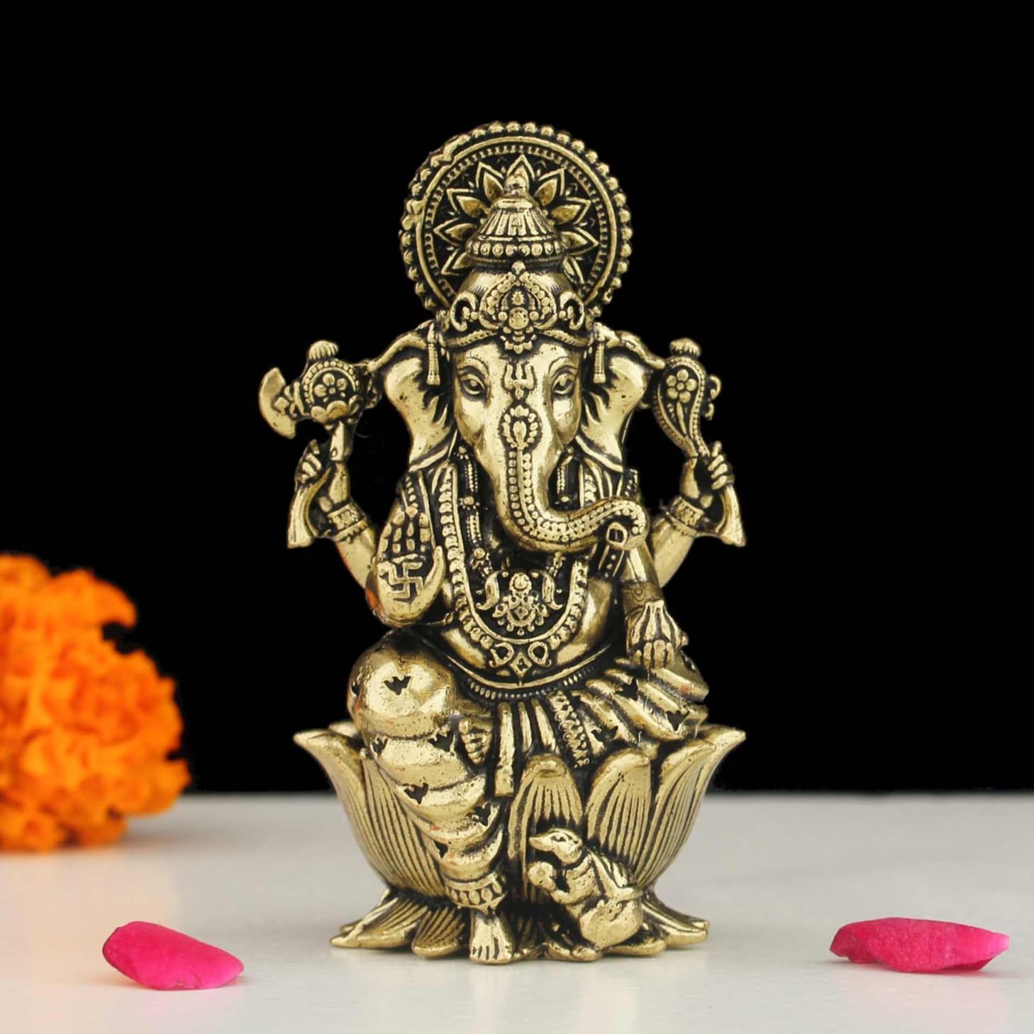 INDICAST Brass Ganesha Idol for Good Luck & Worship | 2.5" Ganpati Hindu God Statue Figurine Perfect for Decoration Puja & Gifting Purpose Sculpture (Weight- 70gm)