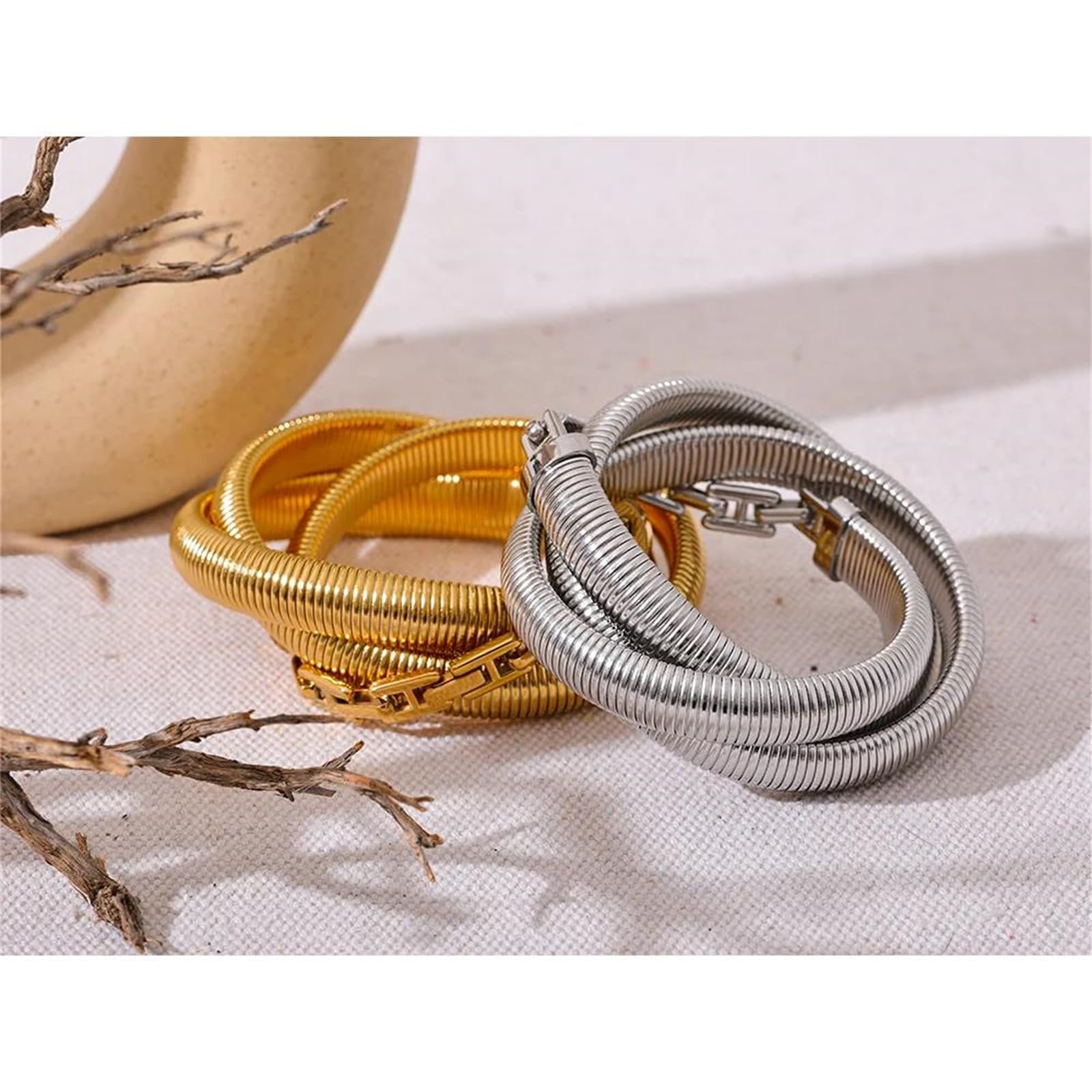 Pulsera gruesa elástica de acero inoxidable en capas, impermeable, chapada en oro de 18 quilates, unisex, joyería de moda