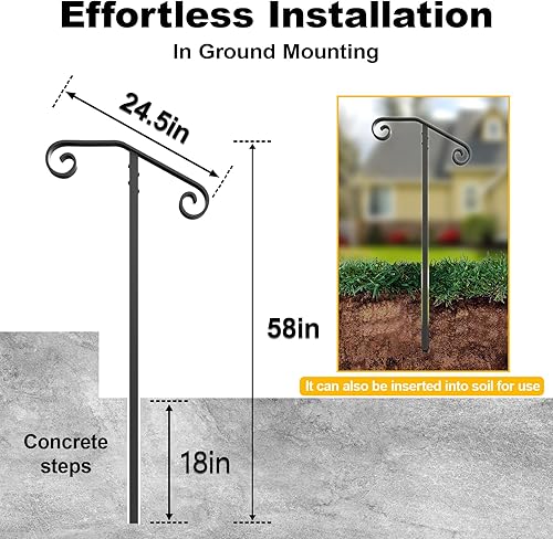 Miniatura 2 de SPACEEUP Pasamanos de escalera para exteriores, pasamanos de 1 a 3 escalones, barandilla de acero negro tipo redondo para escaleras, barandillas