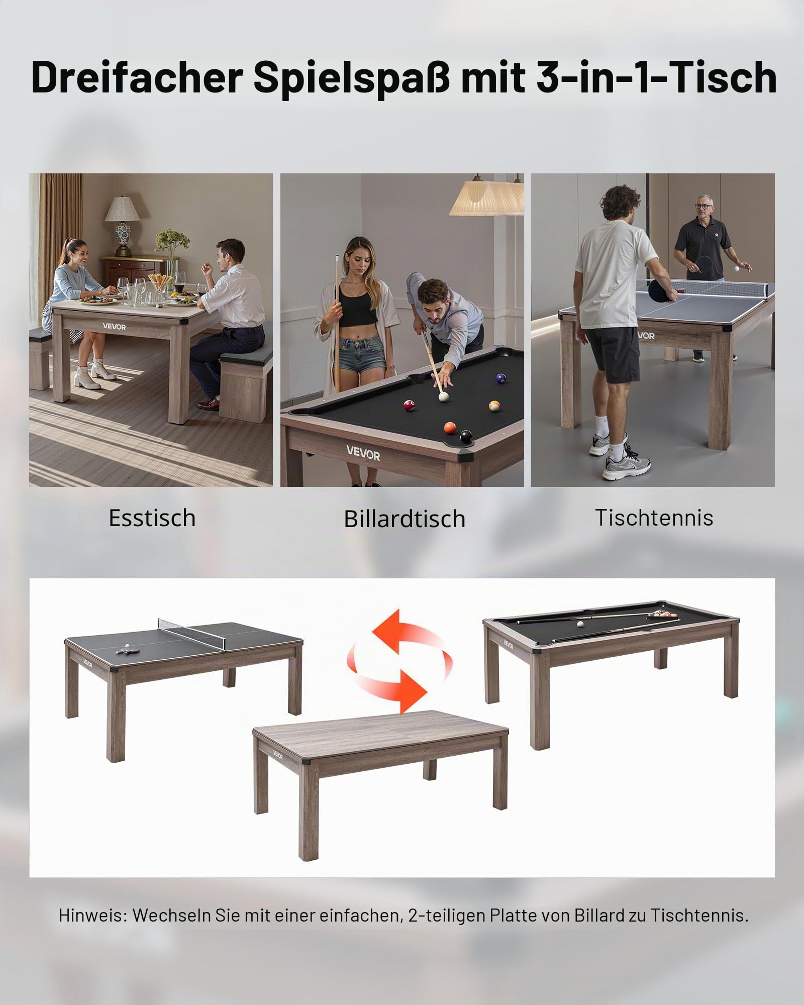 VEVOR 214 cm Billardtisch 3 in 1 Tischspiele mit Essplatte Tischtennisplatte, 137 kg belastbar, Queue-Ständer Kreidebürste