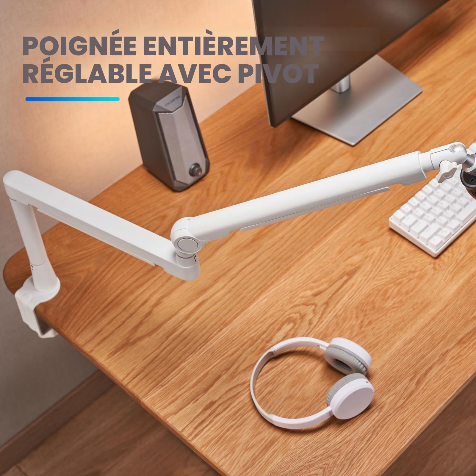 THRONMAX S6 Bras de micro low profile pour Game Streaming&Broadcasting, Robuste Boom arm universel avec adaptateur 1/4",3/8", 5/8"，Bras de micro entièrement métallique et entièrement réglable, Blanc