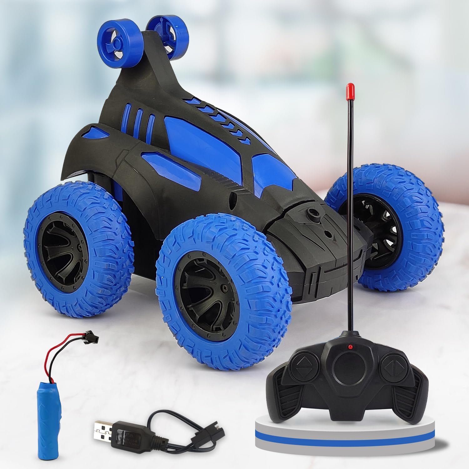NHR RC Stunt Car for Kids – 360° Rotating Remote Control Car with High-Grip Rubber Tyres, Top Small Auxiliary Wheels & USB Rechargeable Battery – Off-Road Toy Car Gift for Boys & Girls (Blue/Black)