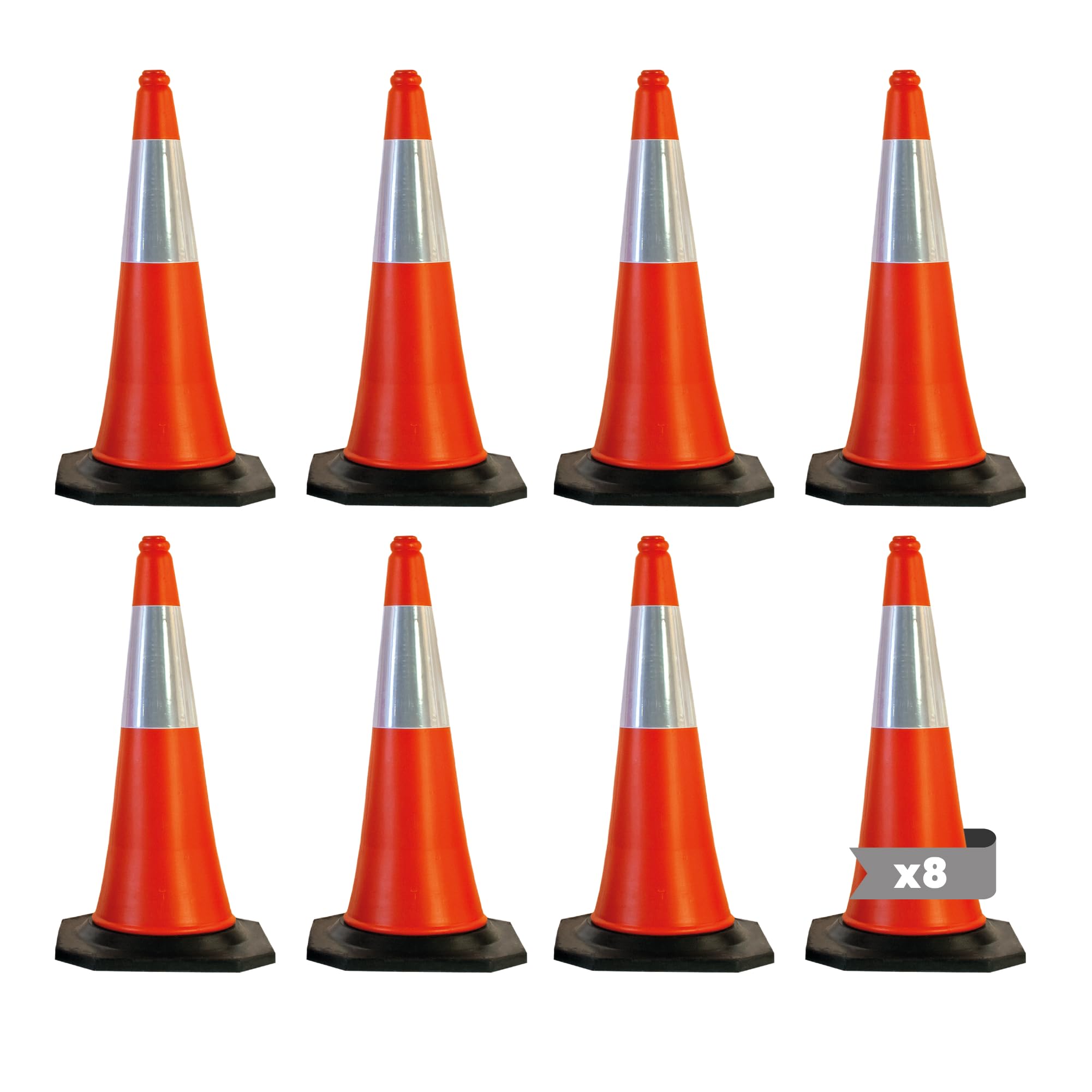Cono de Tráfico Reflectante 750mm con Base de Goma - Pack de 8 para Seguridad Vial