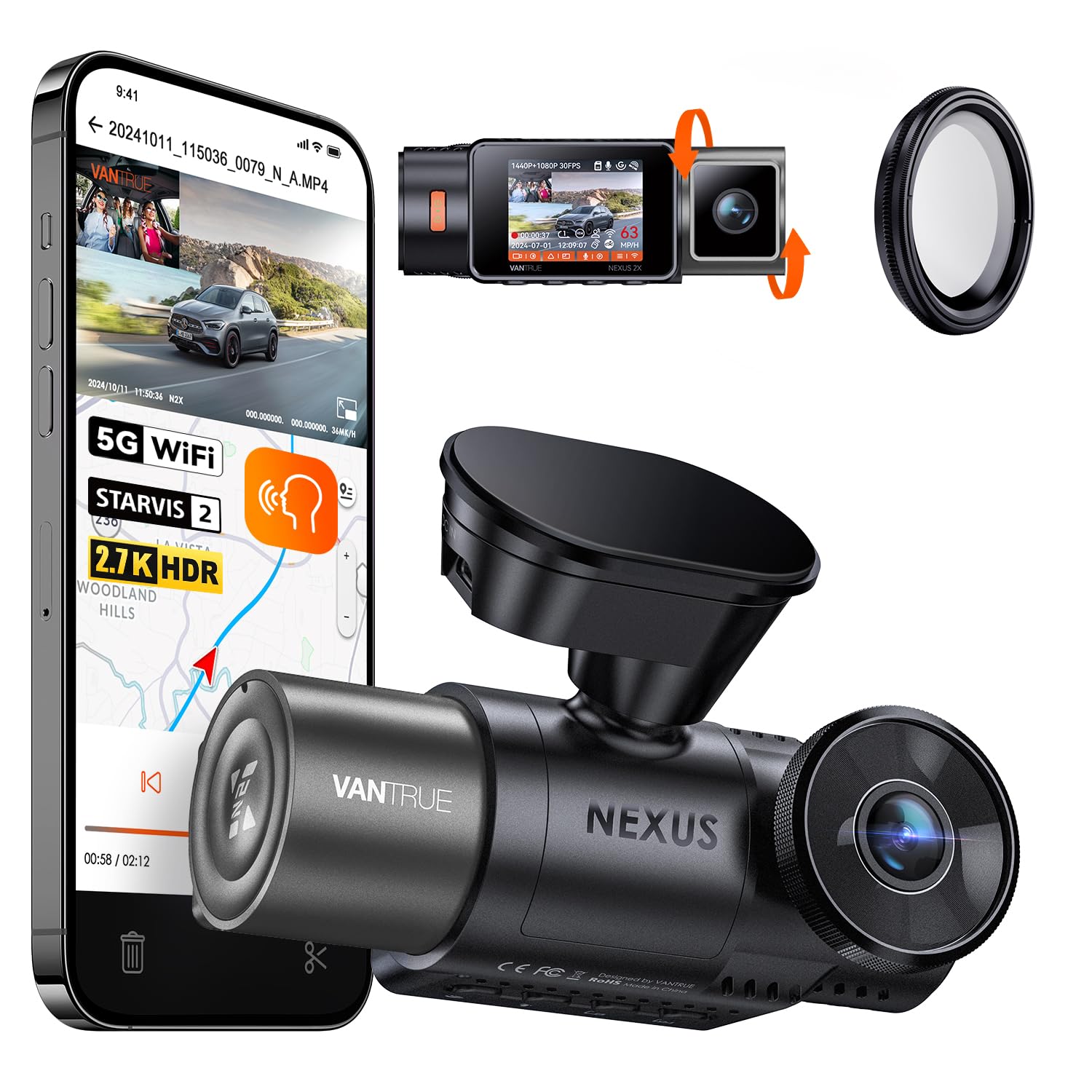 VANTRUE N2X 2.7K+1080P Dashcam Voiture Avant Intérieur et VANTRUE Filtre Polarisant Circulaire（CPL）