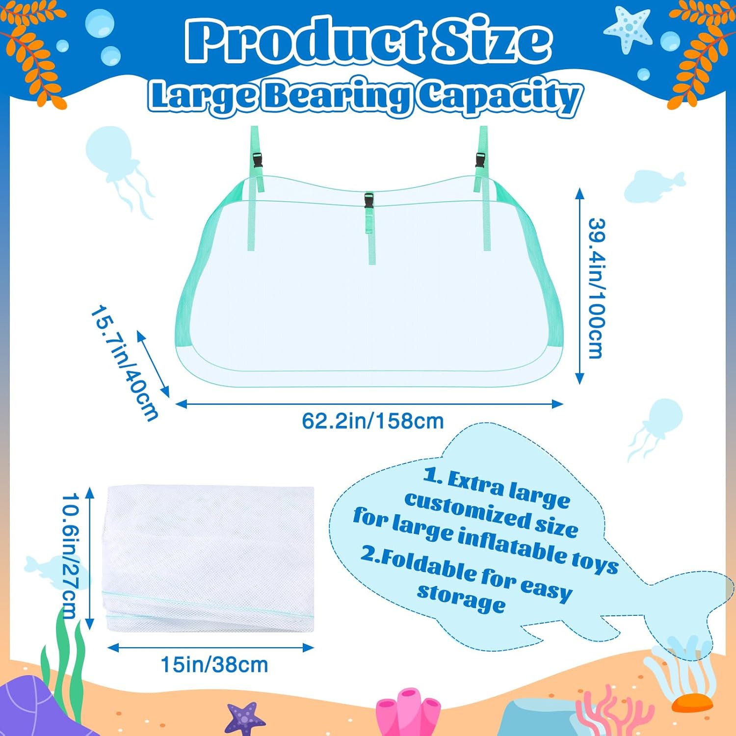 Pool Float Storage Net, Pool Toy Organizer Mesh Bag for Large swimming Inflatable Toys, Sports Balls, Patio Accessories, Foldable Pool Floats Holder Pouch Attaches To Pool Side or Fence (Green)