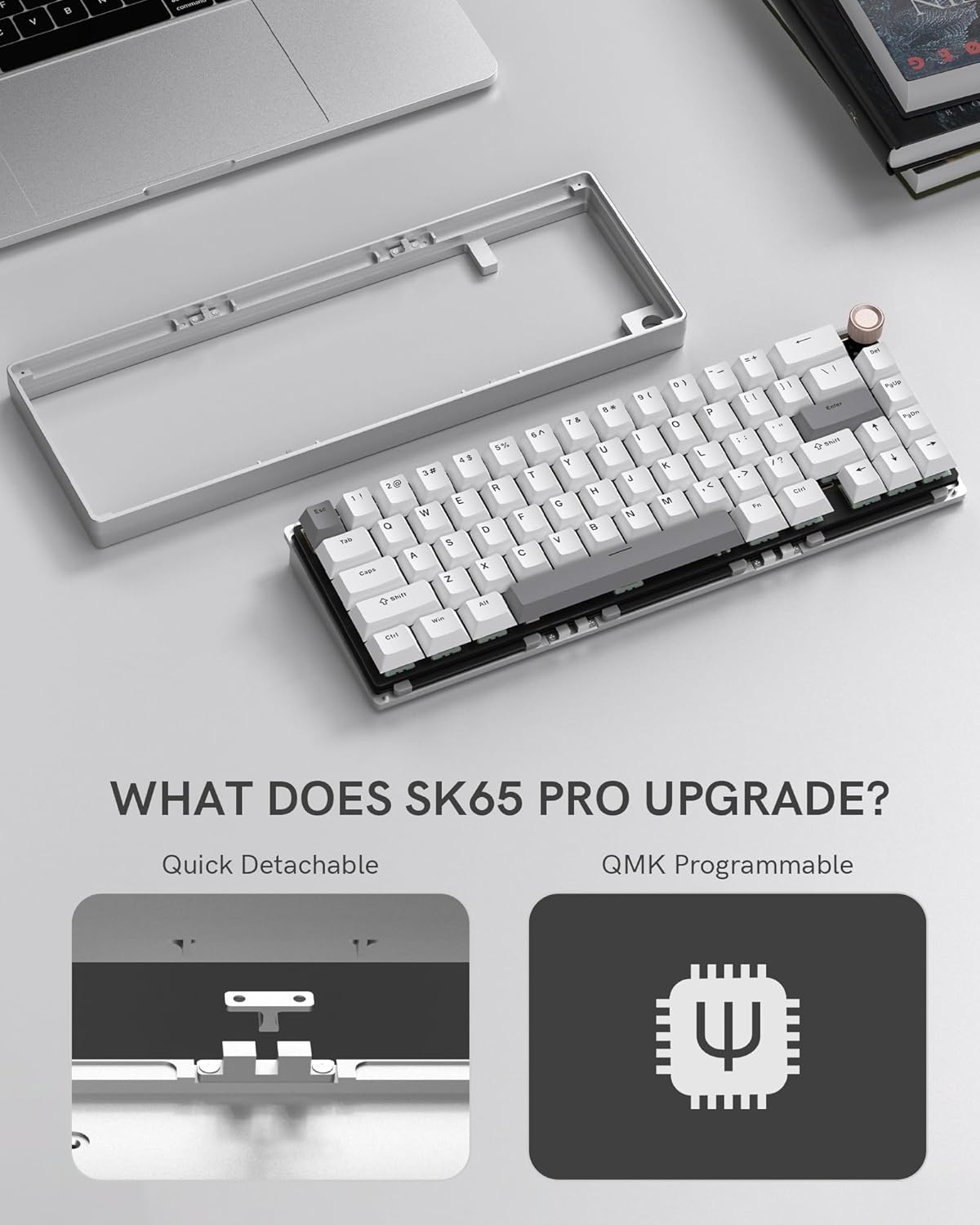 Womier SK65 Wireless Mechanical Gaming Keyboard with Knob, 60 Percent Aluminium Keyboard for PC, Bluetooth 5.0/2.4GHz/USB-C Wired, Hot Swappable Custom Lineaner Switch, RGB Backlit (Silver V2) - Image 3
