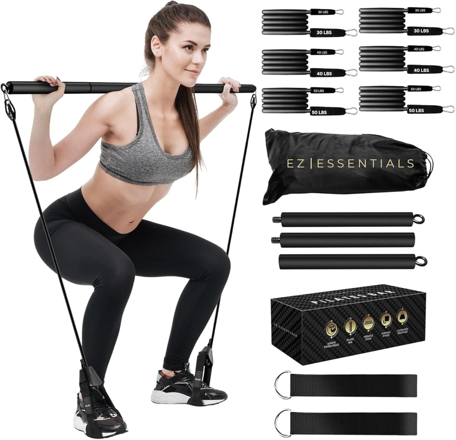 Pilates Bar Kit with Resistance Bands for Women & Men(30,40,50 Lbs), Pilate Bar with Non-Slip Foot Belts, 3-Section Pilates Bar Workout Equipment for Legs, Hip, Waist and Arm