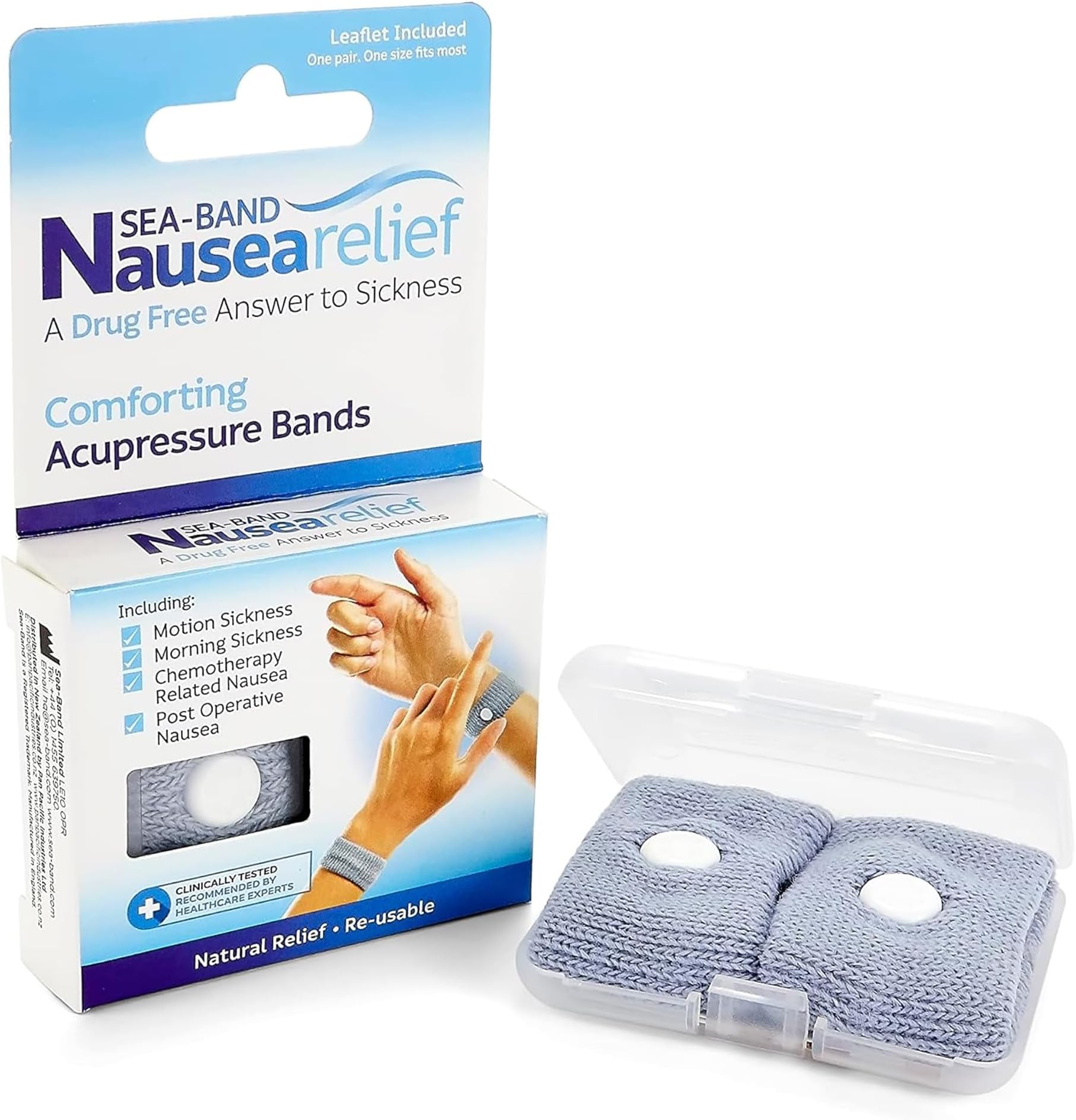 Sea-Band Travel & Motion Sickness and Nausea Relief Acupressure Wristband - Adult (Grey), 1 Pair
