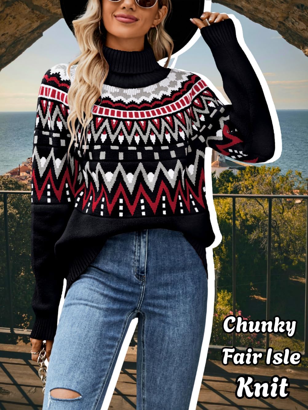 Womens Vintage Fair Isle Sweater, Loose Chunky Turtleneck Ribbed Knit Pullover, Casual Winter Christmas Sweaters - Image 2