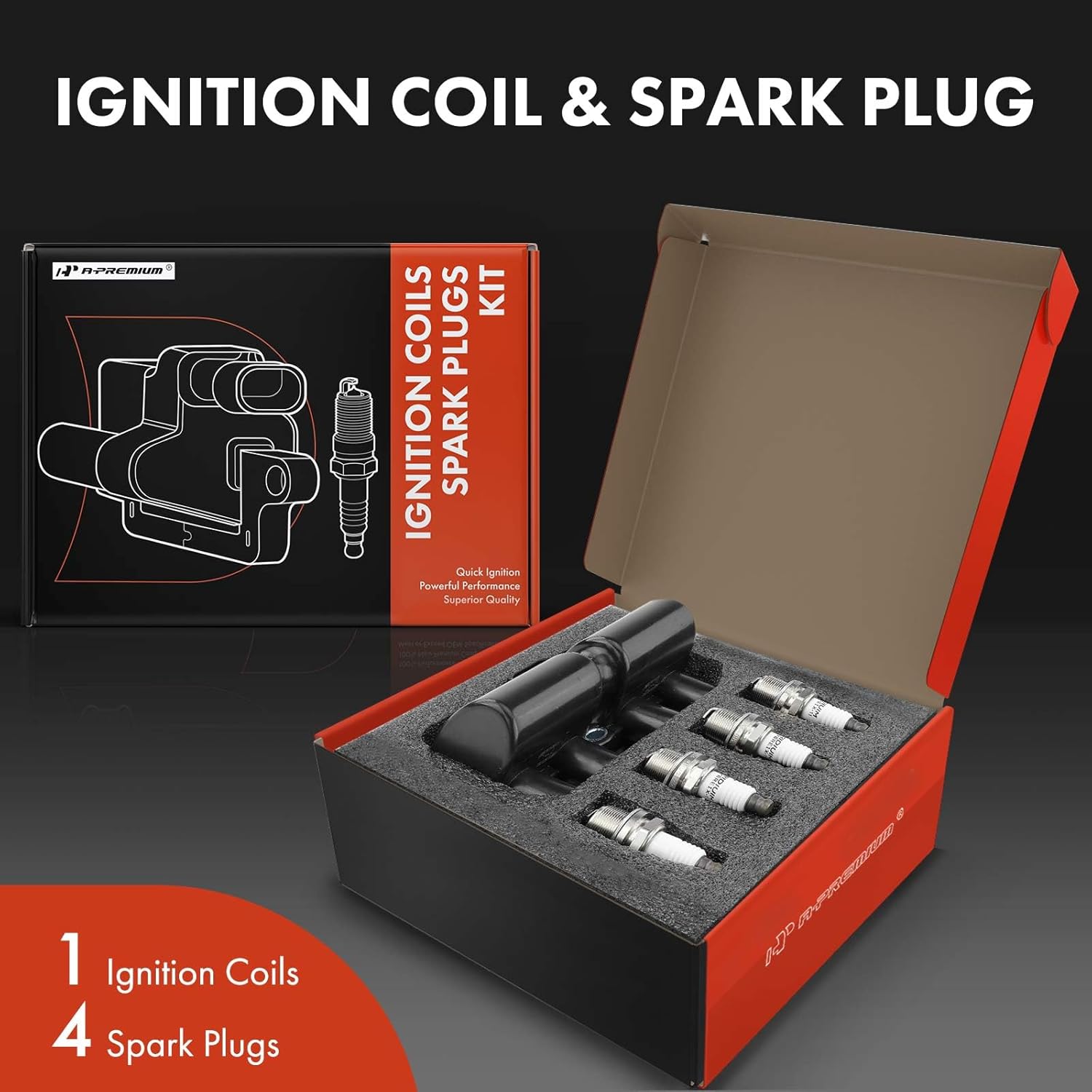 A-Premium 1x Ignition Coil Pack and 4x Iridium Spark Plugs Compatible with Chevrolet Aveo Corsa LUV Tornado Tracker Pontiac G3 Matiz Wave Daewoo Nubira Suzuki