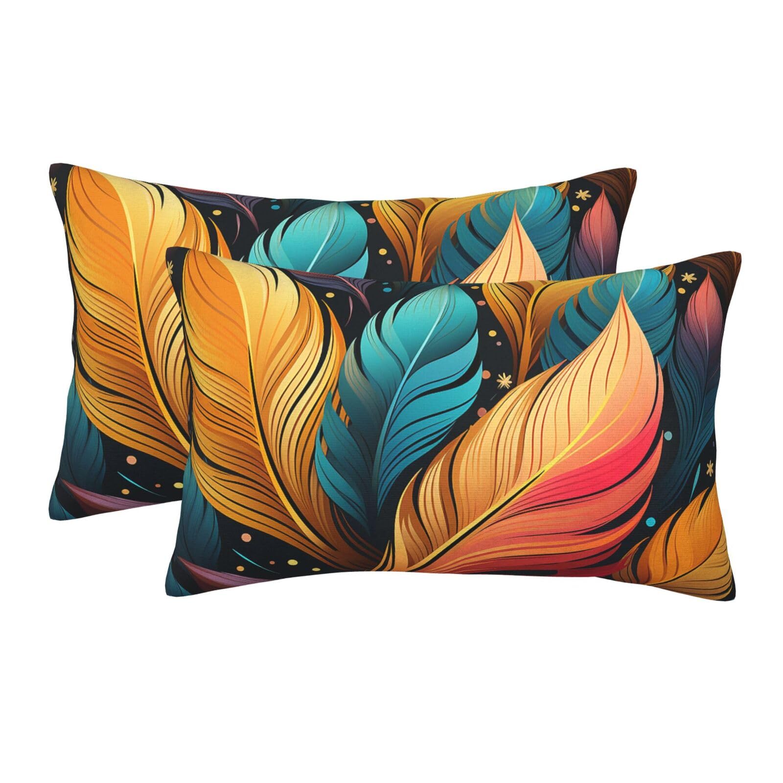 2 Pack Standard Size Pillow Cases for Hair and Skin Soft Breathable Pillow Case Covers with Hidden Zipper Colorful Feathers Pillowcase 16"x24" Pillow Cover for Sleeping Gift