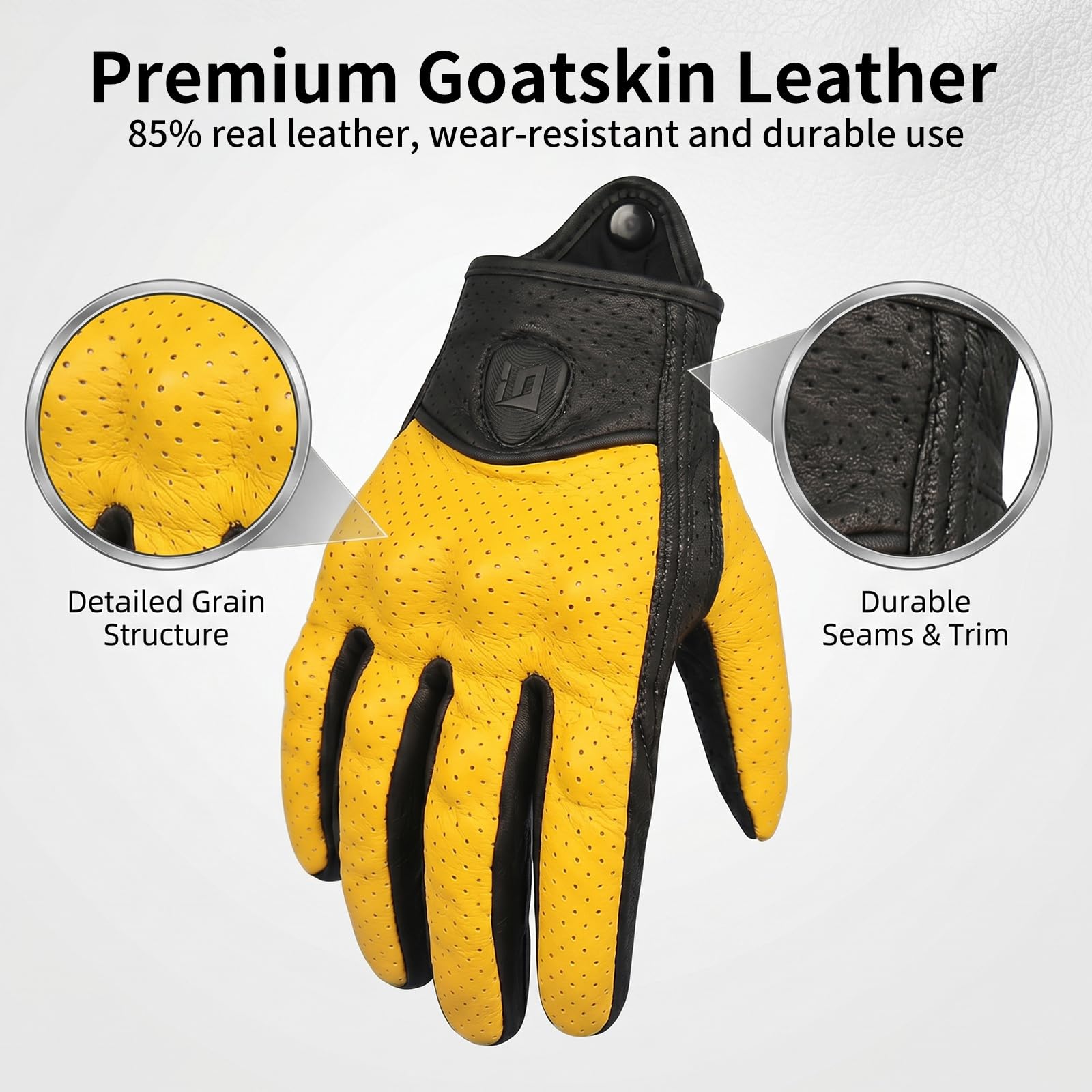 Gants de Moto en Cuir, Gants de Moto pour Hommes et Femmes, Vintage en Peau de Mouton, Protections rigides, Compatible avec écran Tactile, Gants de vélo pour Cyclisme