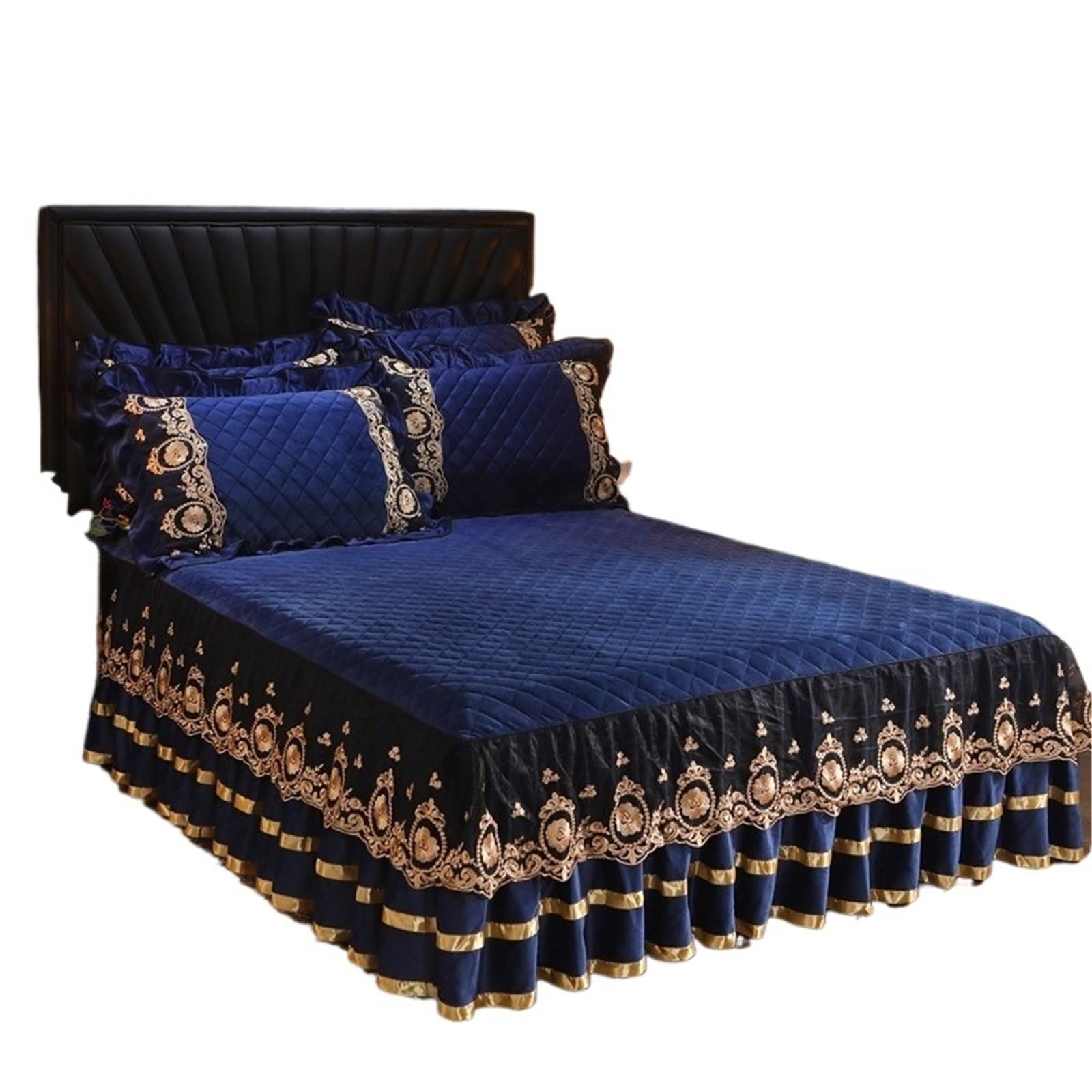 Lace Bed Skirt Bedspreads Bedding Thicken Velvet Plush Quilted Embossing Spread For Home(Color-09,2 Pillowcase 48x74cm)