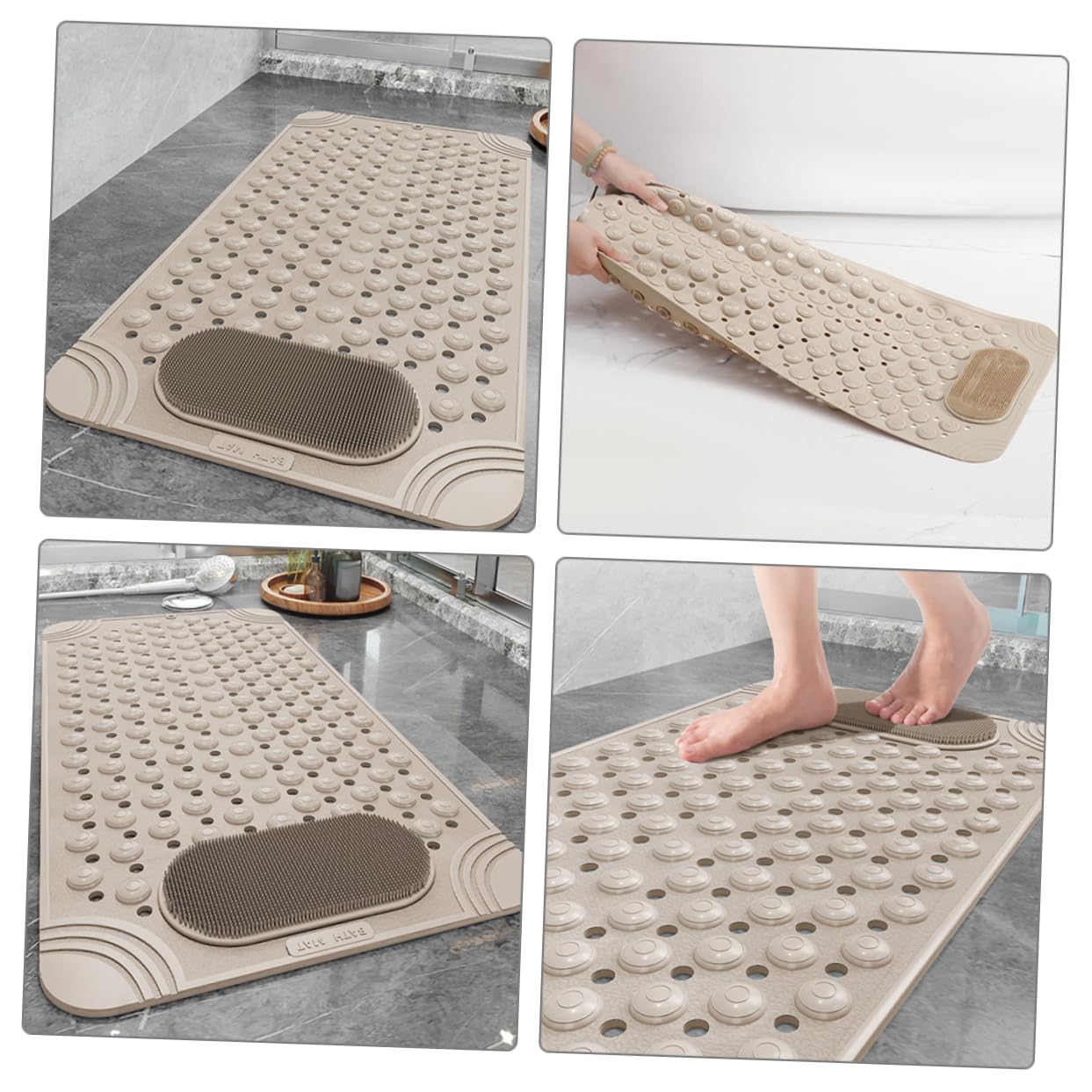 Happyyami Alfombrilla para Fregar Pies de Ducha Antideslizante de PVC con Ventosas y Diseño de Masaje para Baño y Ducha Beige
