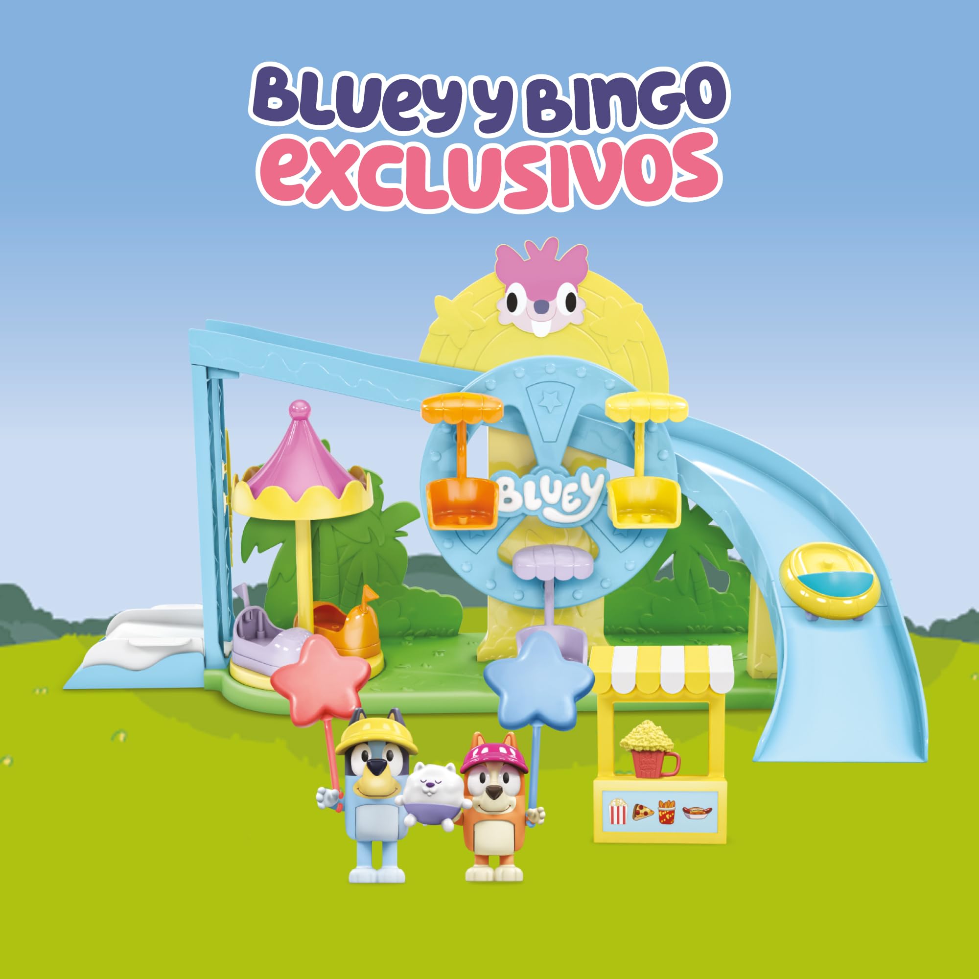 Bluey - Theme Park, Parque Temático, Parque Acuático con 2 Toboganes y Accesorios, Incluye Figurita Bingo, Puesto de Piruletas y Más, Famosa (BLY84000)