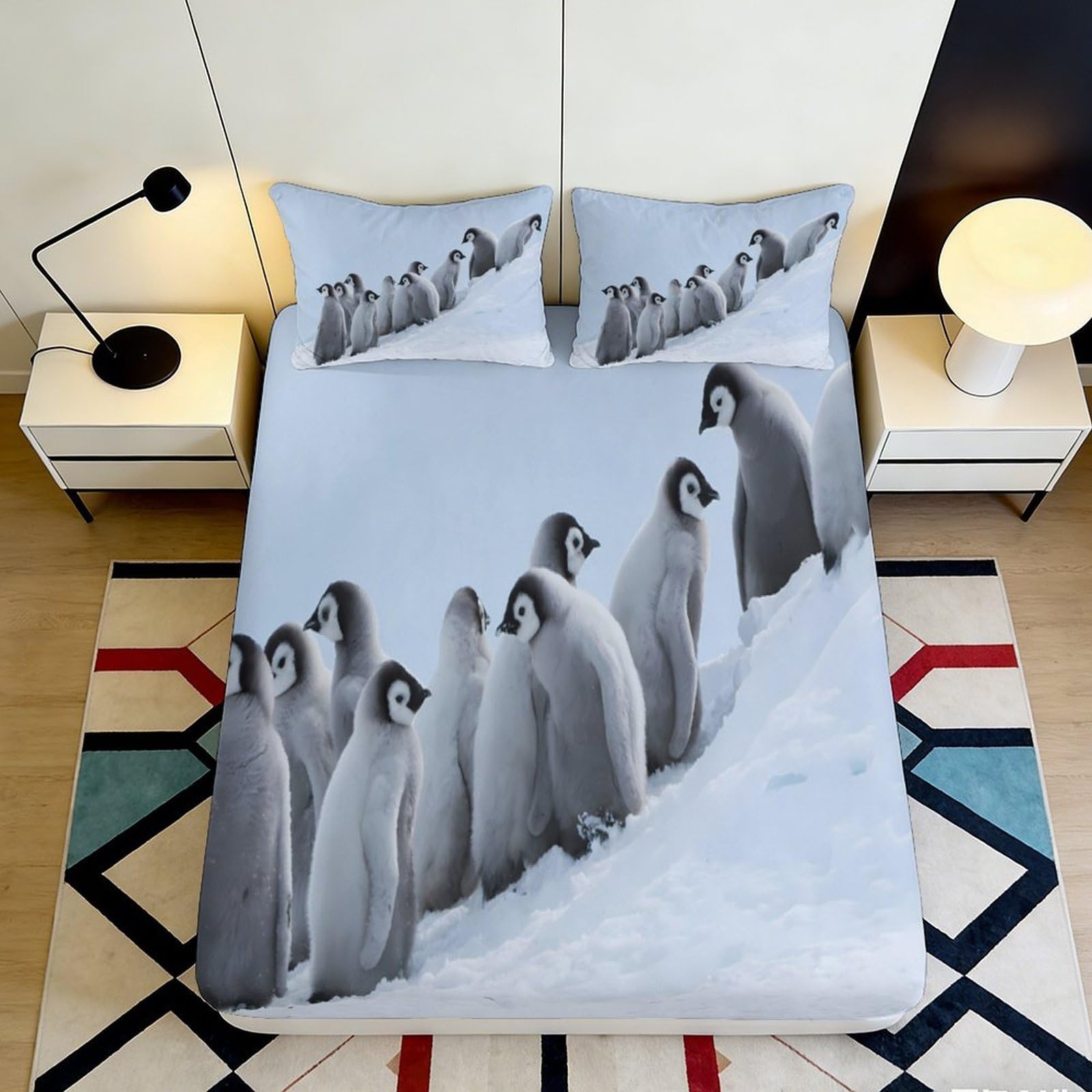 3D Printed Penguin Pattern Fitted Sheet Microfiber Soft Durable Winter Scene Bed Cover for Bedroom Dormitory Guest Room Mattress Protection 160x200x25cm