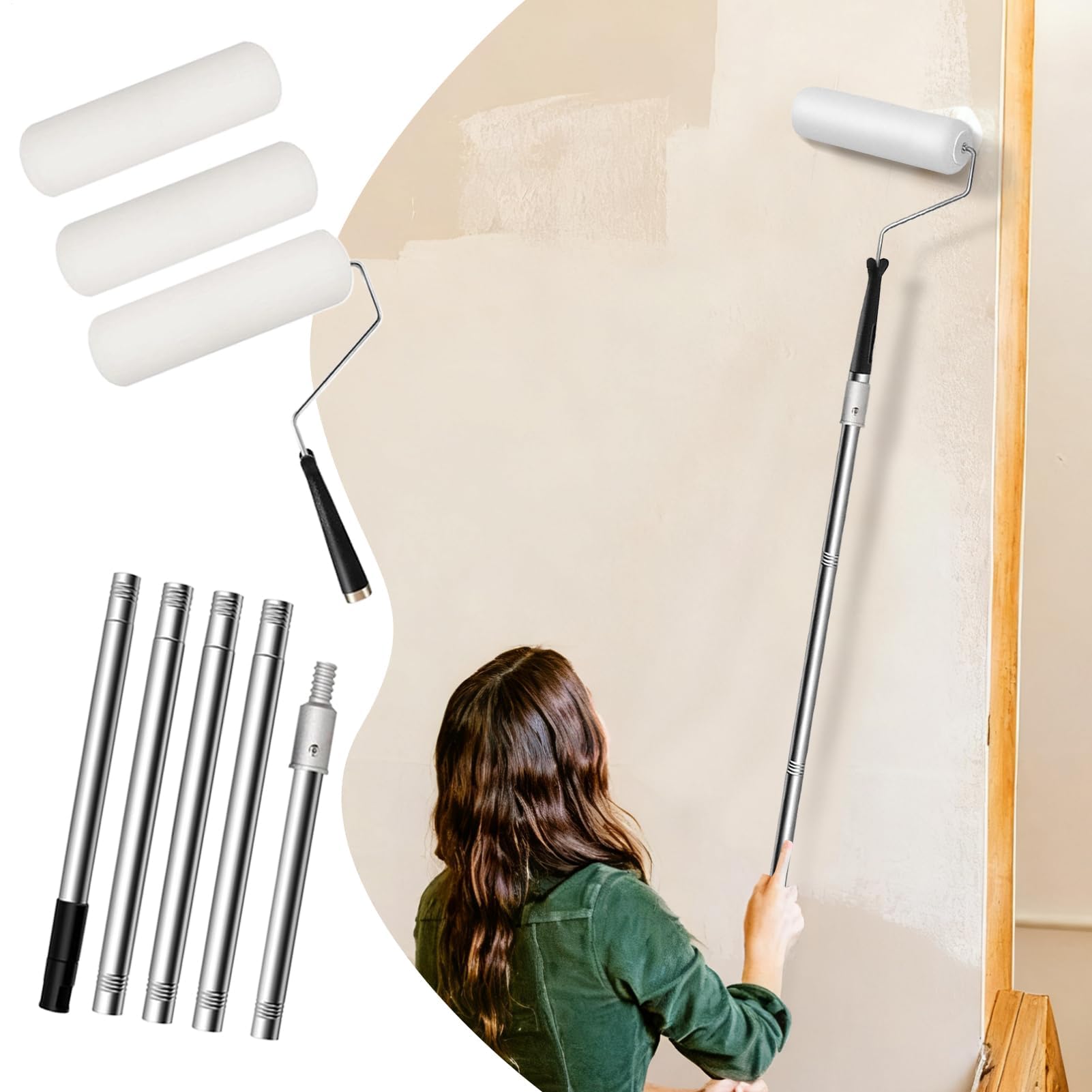 Kit rullo estensibile per pittura da parete, 23 cm, con coperture di ricambio, ideale per pittura a soffitto e parete, soluzione per pittura senza sforzo