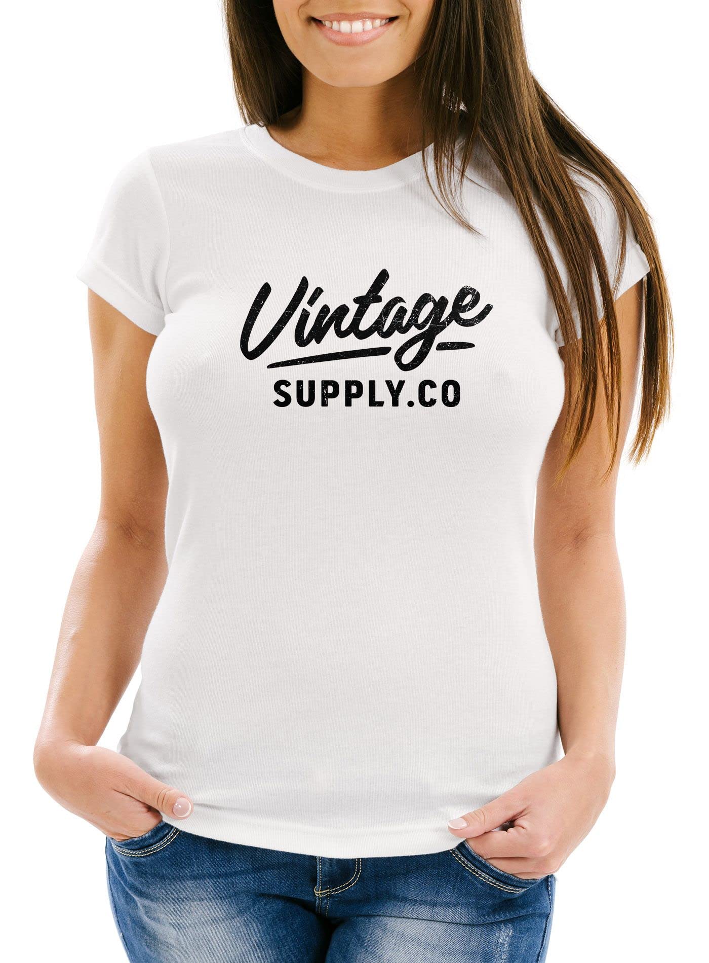 Neverless Damen T-Shirt BedrucktVintage SchriftzugRetro Design AufdruckPrintFashionStreetstyleSlimFit