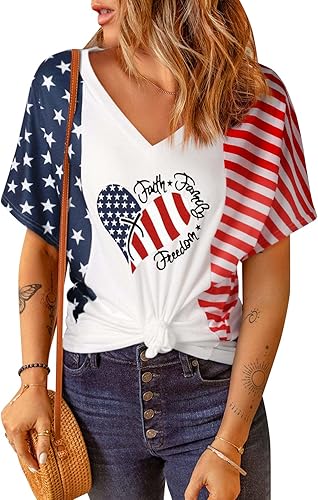 Camisas patrióticas para mujer, camiseta con la bandera estadounidense, Faith Family Freedom Graphic Tee USA Star Stripes Tops