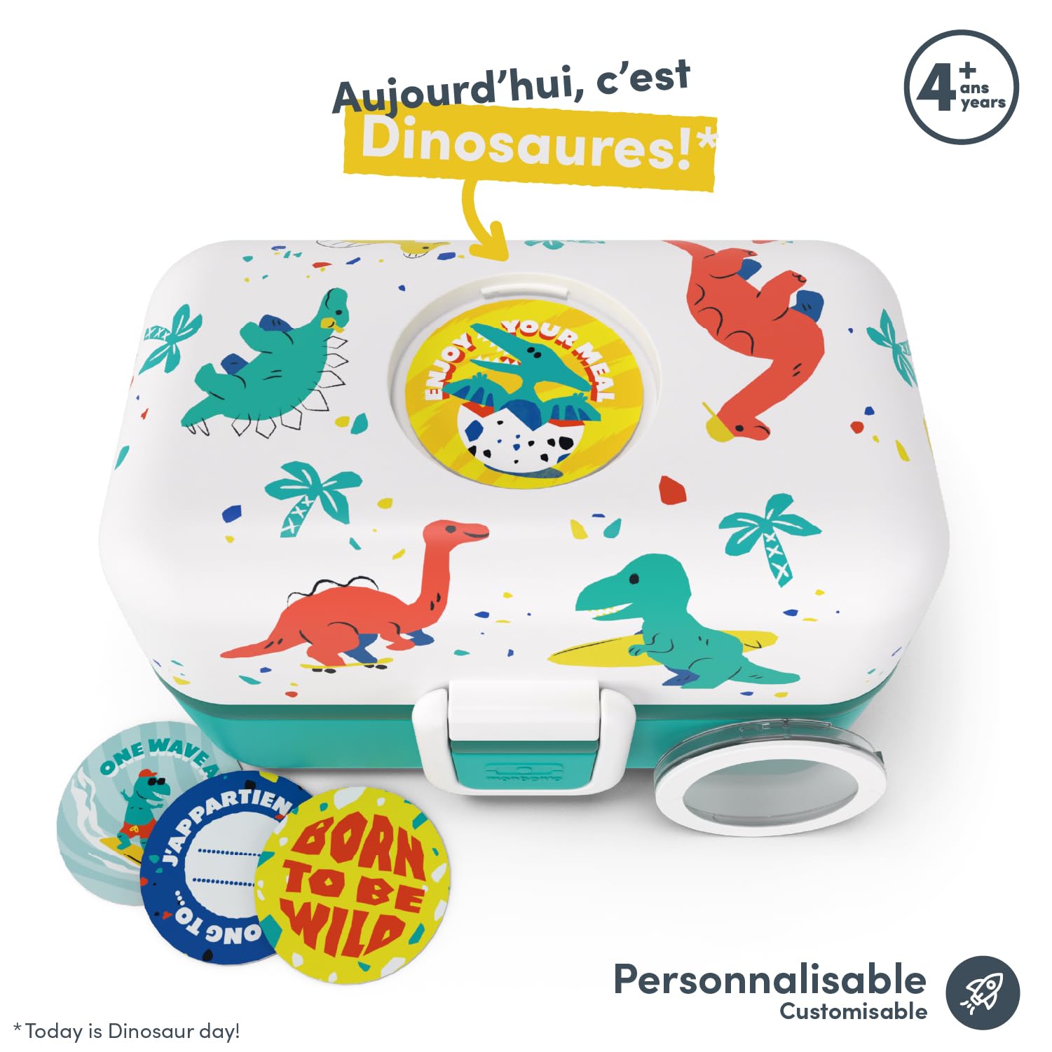 monbento - Lunch Box Bambini Tresor blu Dino - Portapranzo e Portamerenda 3 Scomparti - Ideale per Scuola/Picnic - Porta Pranzo senza BPA - Personalizzabile - Motivo Dinosauri