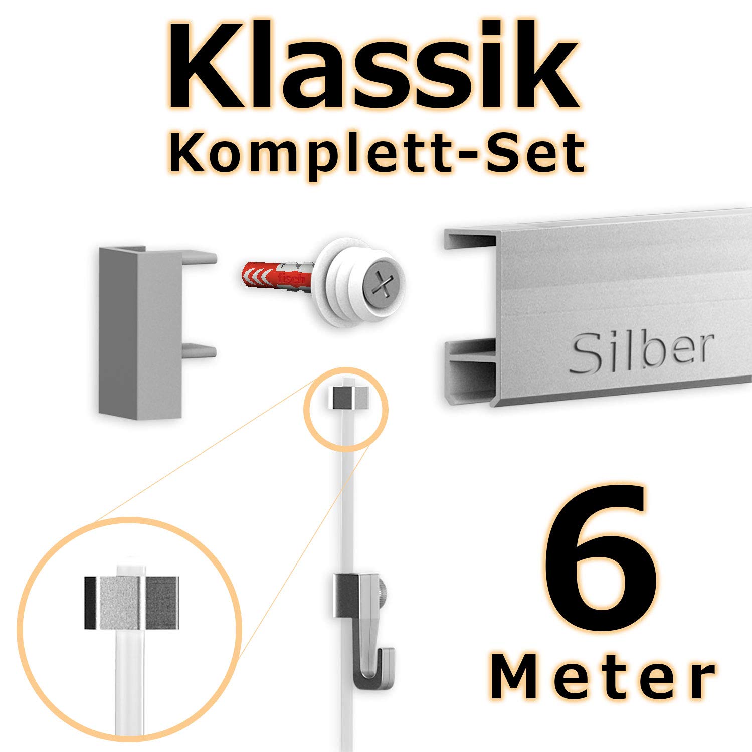 hang-it 6 Meter Bilderschienen Galerieschienen - Komplett Set in Silber