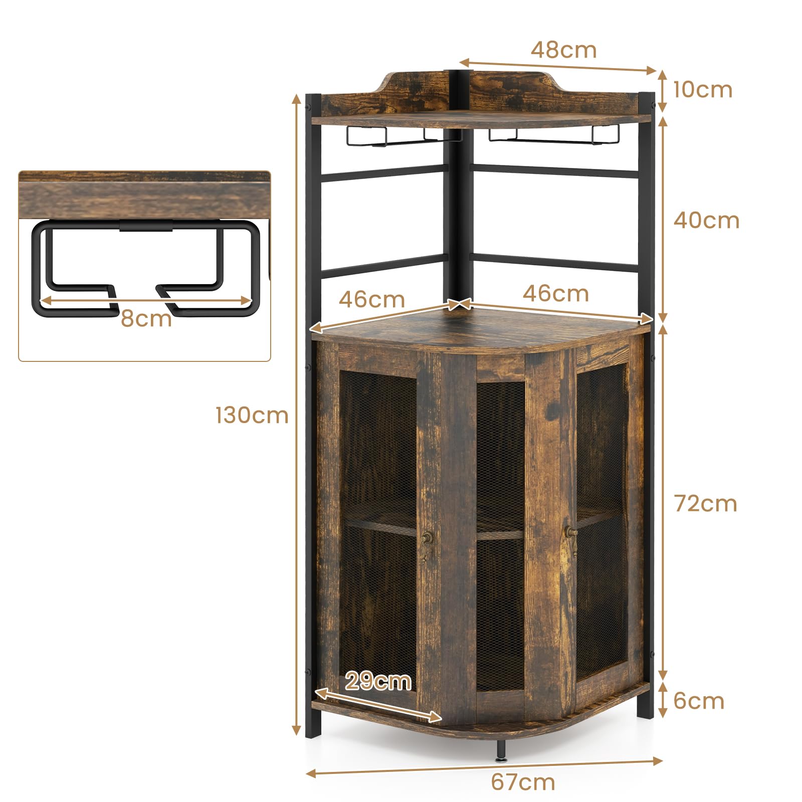 KOMFOTTEU Barschrank mit verstellbarem Regal, Eckschrank Holz mit Glashalter & Metallgittertüren, Weinschrank Barwinkel für Küche, Wohnzimmer, Esszimmer, 46 x 46 x 130 cm (Braun)