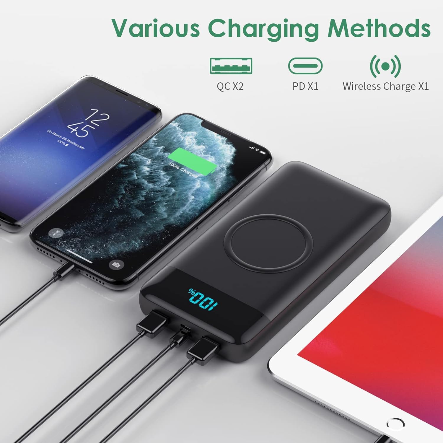 Wireless Powerbank Schnellladen 26800mAh, Power Bank 25W PD3.0+QC4.0, 15W Wireless Charger Powerbank 4 Outputs USB C Externer Akku mit LCD Display Kompatibel mit iPhone Huawei Samsung Oppo-Schwarz