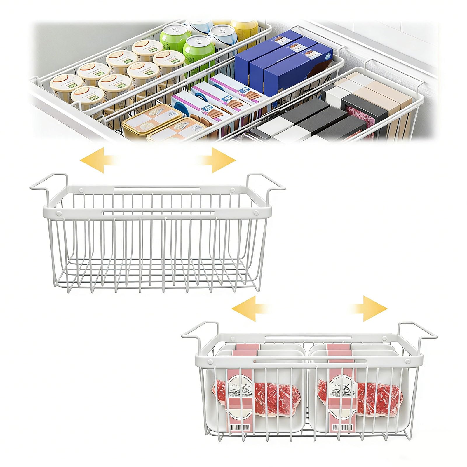 BigKing Organizer für Gefrierschrank, erweiterbar, Länge verstellbar 39-59,5 cm, Korb aus Metalldraht, platzsparender Aufbewahrungskorb (Weiß)