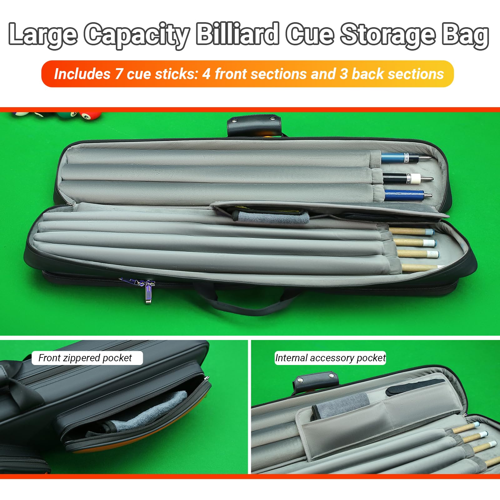 Sac de Queue de Billard 3x4, Étui de Transport pour Queue de Billard avec Poignée et Bandoulière Réglable, Sac de Bâtons de Billard Peut en Contenir 4 Parties Avant et 3 Parties Arrières