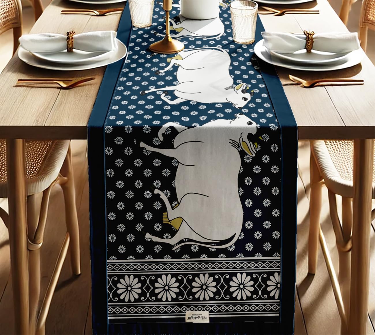 Boho Cotton Table Runner - Double Layer with Printed Animal Design - Machine Washable - Table Décor for Kitchen, Living & Events, 14" x 60"