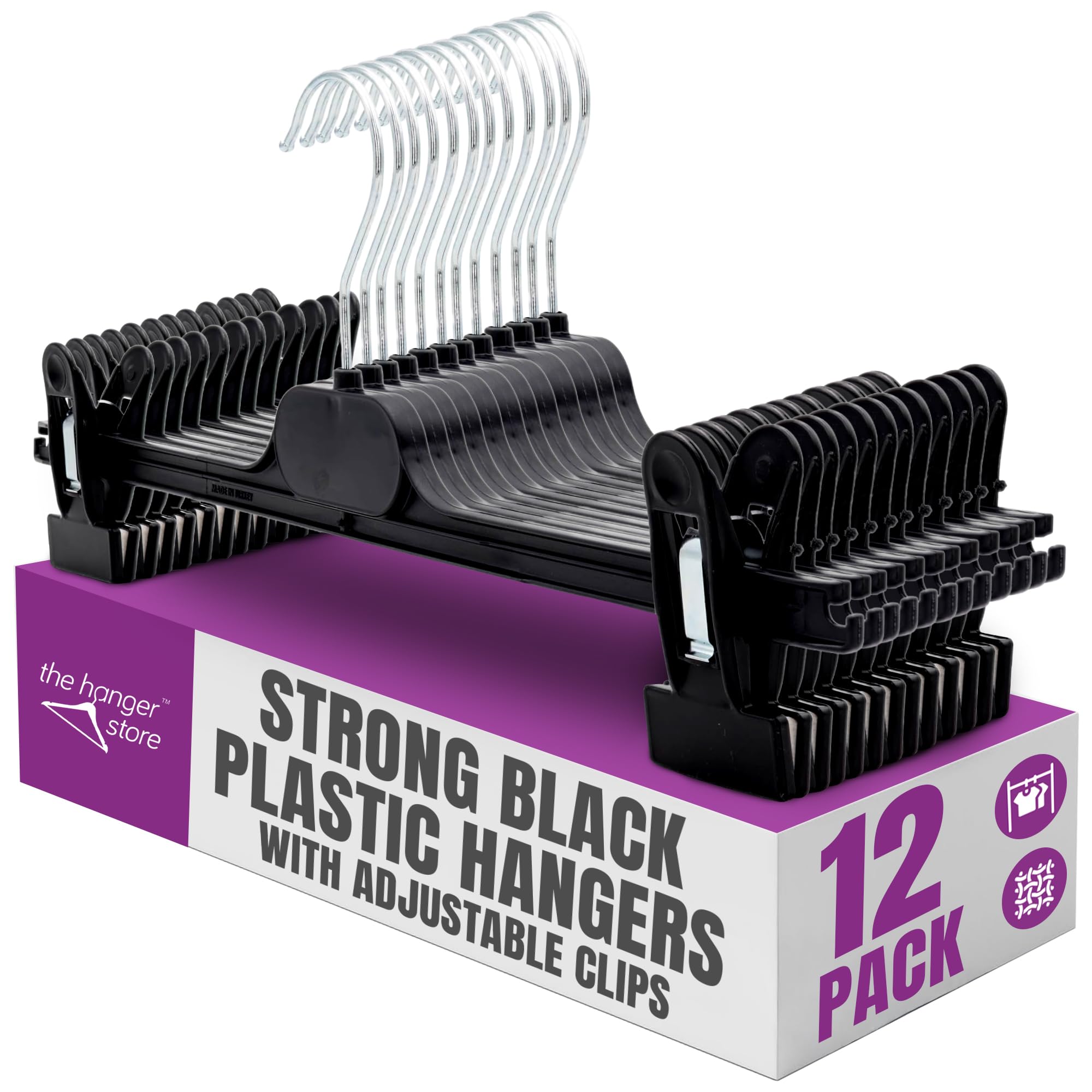 The Hanger Store 12 Strong Black Plastic Hangers With Adjustable Clips - Non-Slip, Rotatable Hook, Gentle on Clothes - Ideal for Organizing Trousers, Skirts, Jeans, Towels, and Sheets in Your Wardrobe