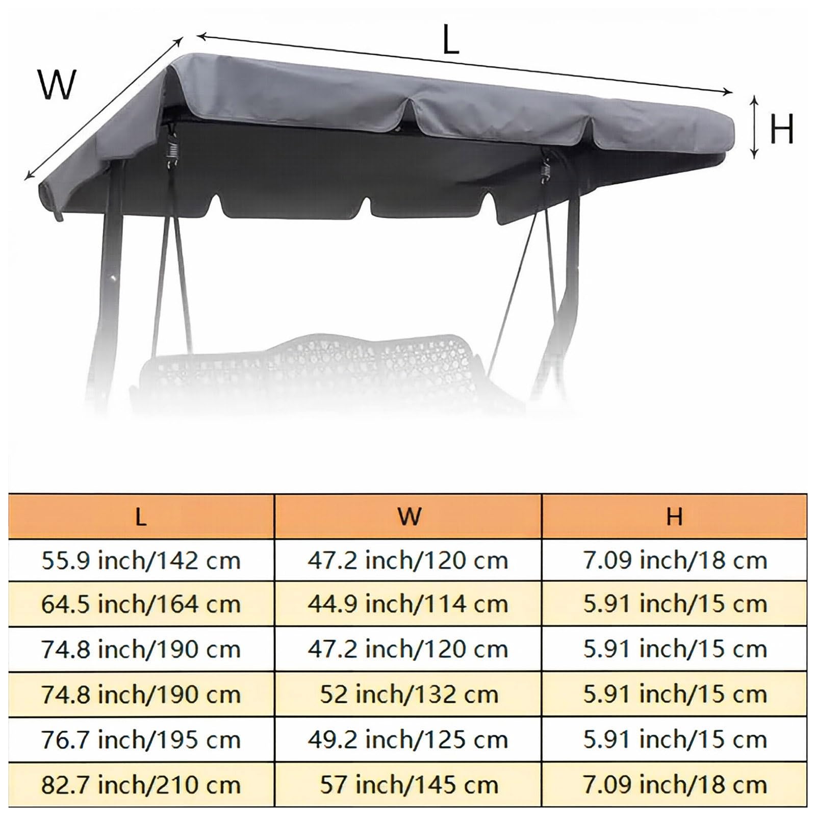 Copertura superiore di ricambio per dondolo da esterno, copertura per dondolo da patio, per 2/3 posti, impermeabile, ricambio per giardino, patio (grigio, 210 x 145 cm)