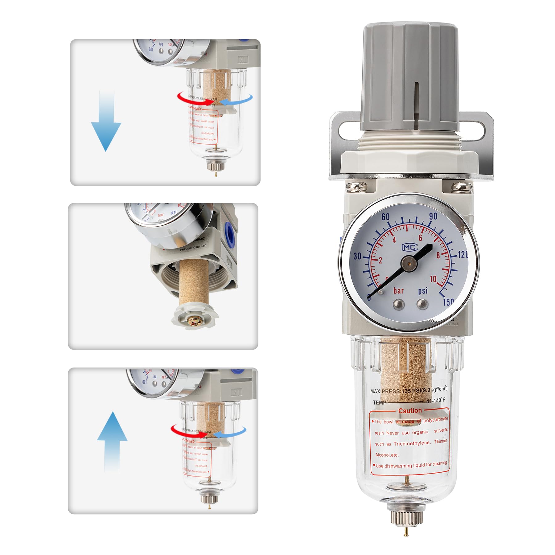 Pneumatic Air Compressor Filter Regulator Combo 1/4" NPT 150 PSI w/Adjustable Gauge-Water Separator,Metal Bracket,Manual Drain,5 Micron Brass Cartridge — Amazon image 6
