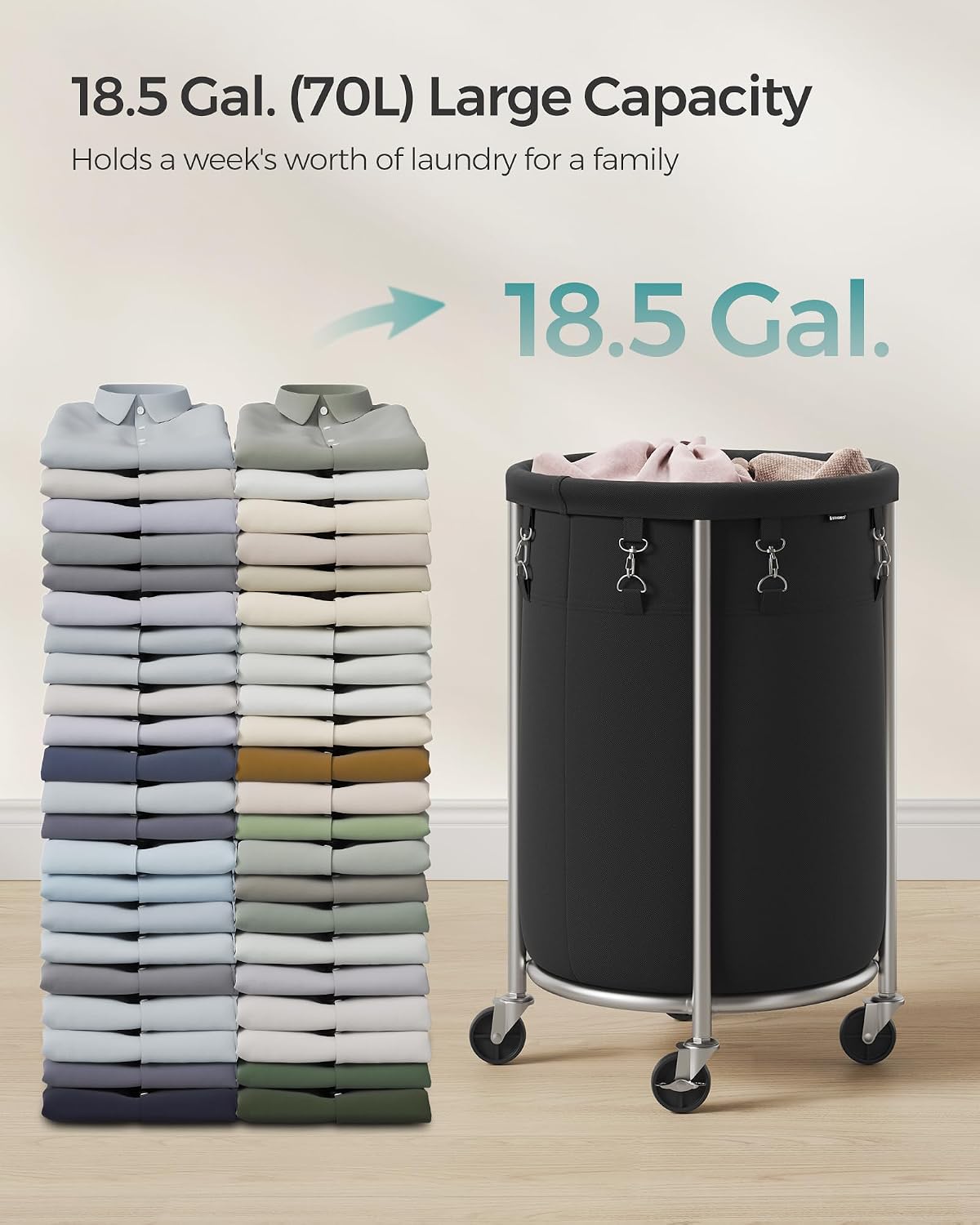 Image showing the 18.5-gallon (70L) capacity of the laundry basket compared to stacks of folded clothes